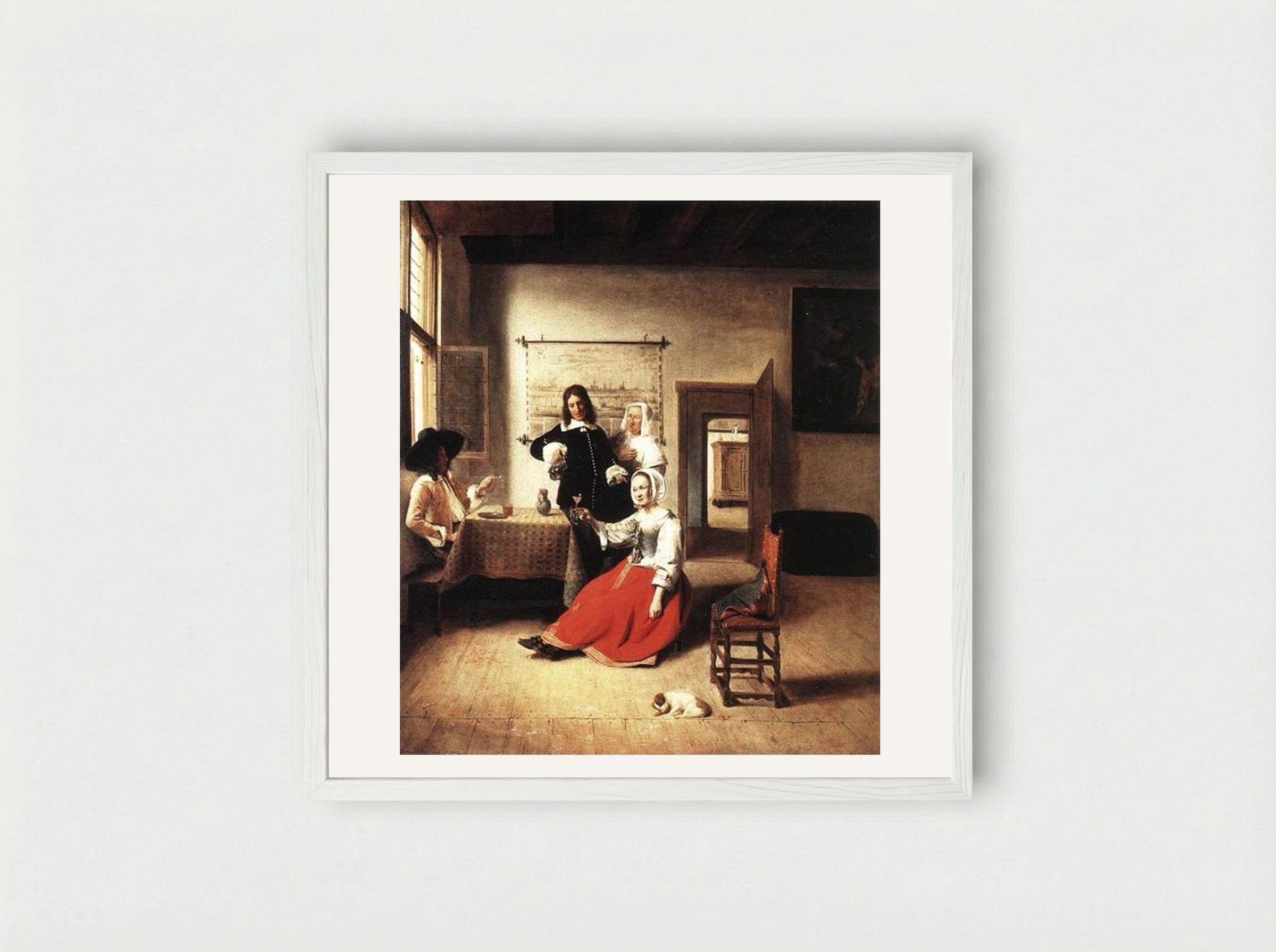 Woman Drinking with Soldiers - Pieter de Hooch - Framed Print White