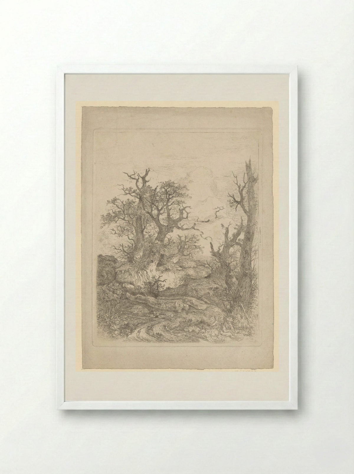 Boy Sitting Before a Bare Tree, Three Tree Trunks in the Centre - John Crome - Framed Print White