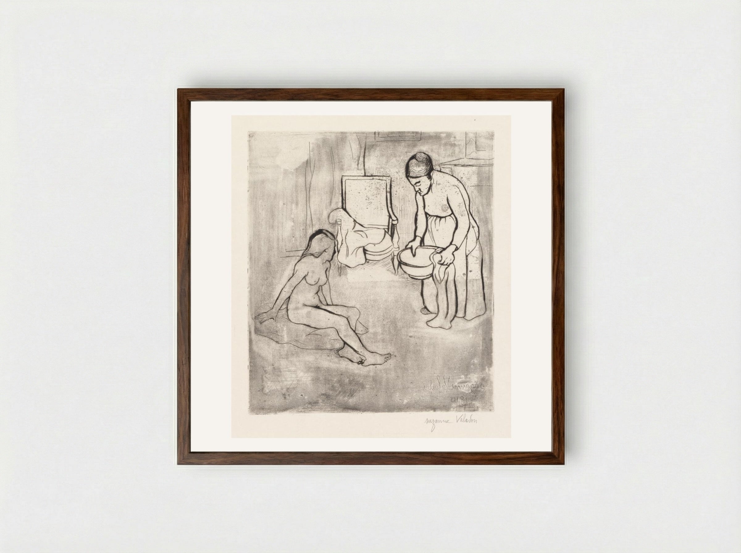 Grandmother with Louise, Nude Seated on the Floor - Suzanne Valadon - Framed Print Dark Wood