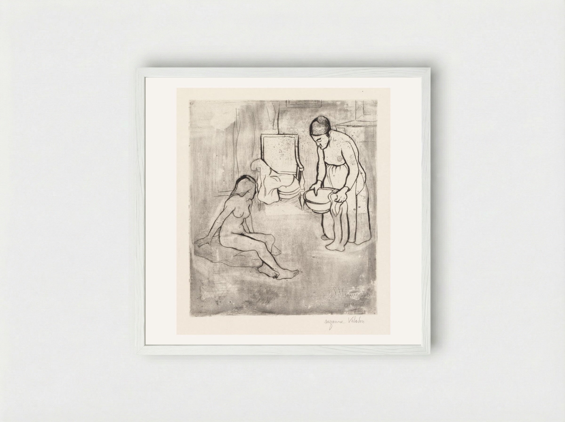 Grandmother with Louise, Nude Seated on the Floor - Suzanne Valadon - Framed Print White