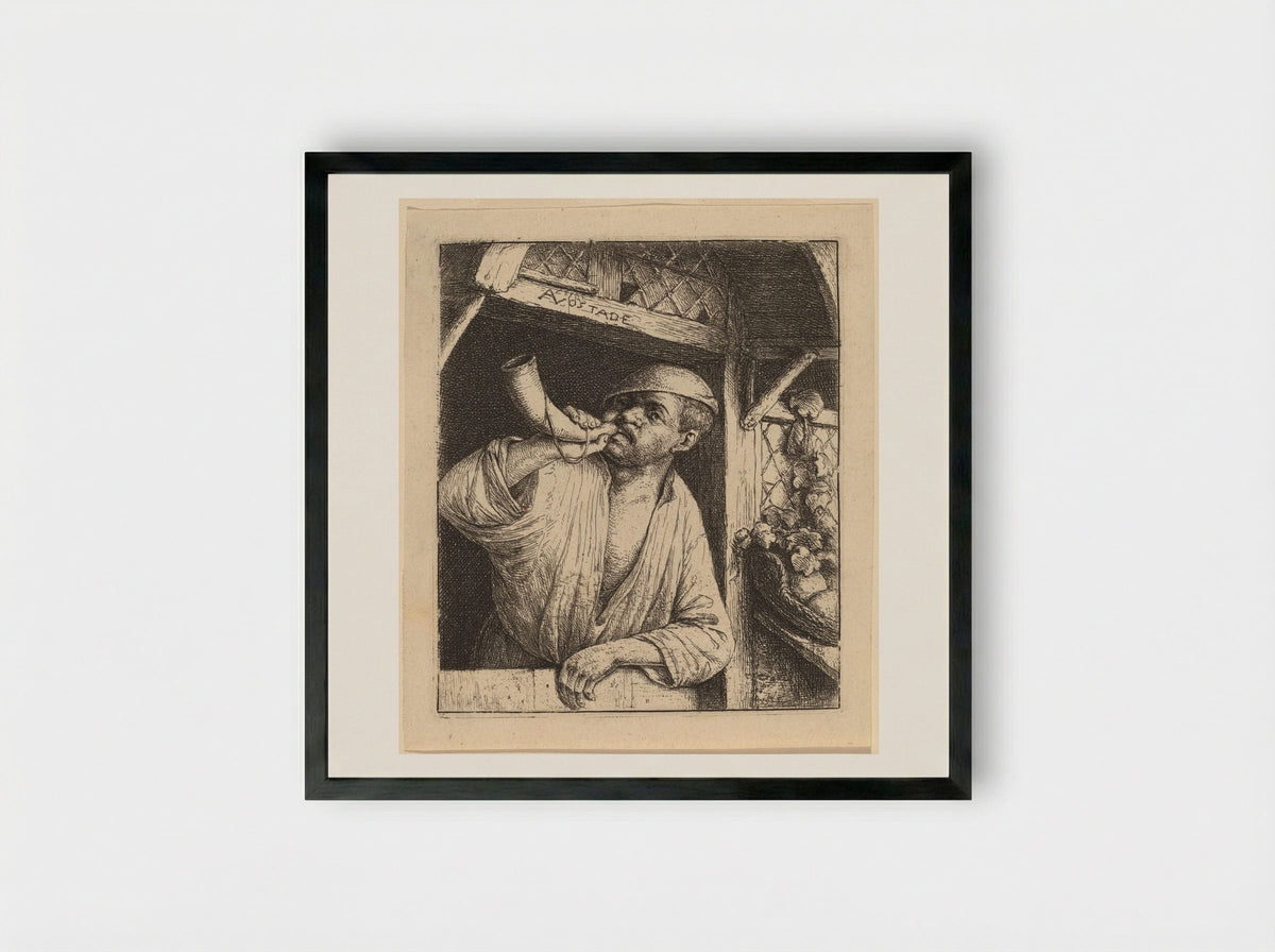 The Baker Sounding His Horn - Adriaen van Ostade - Framed Print Black