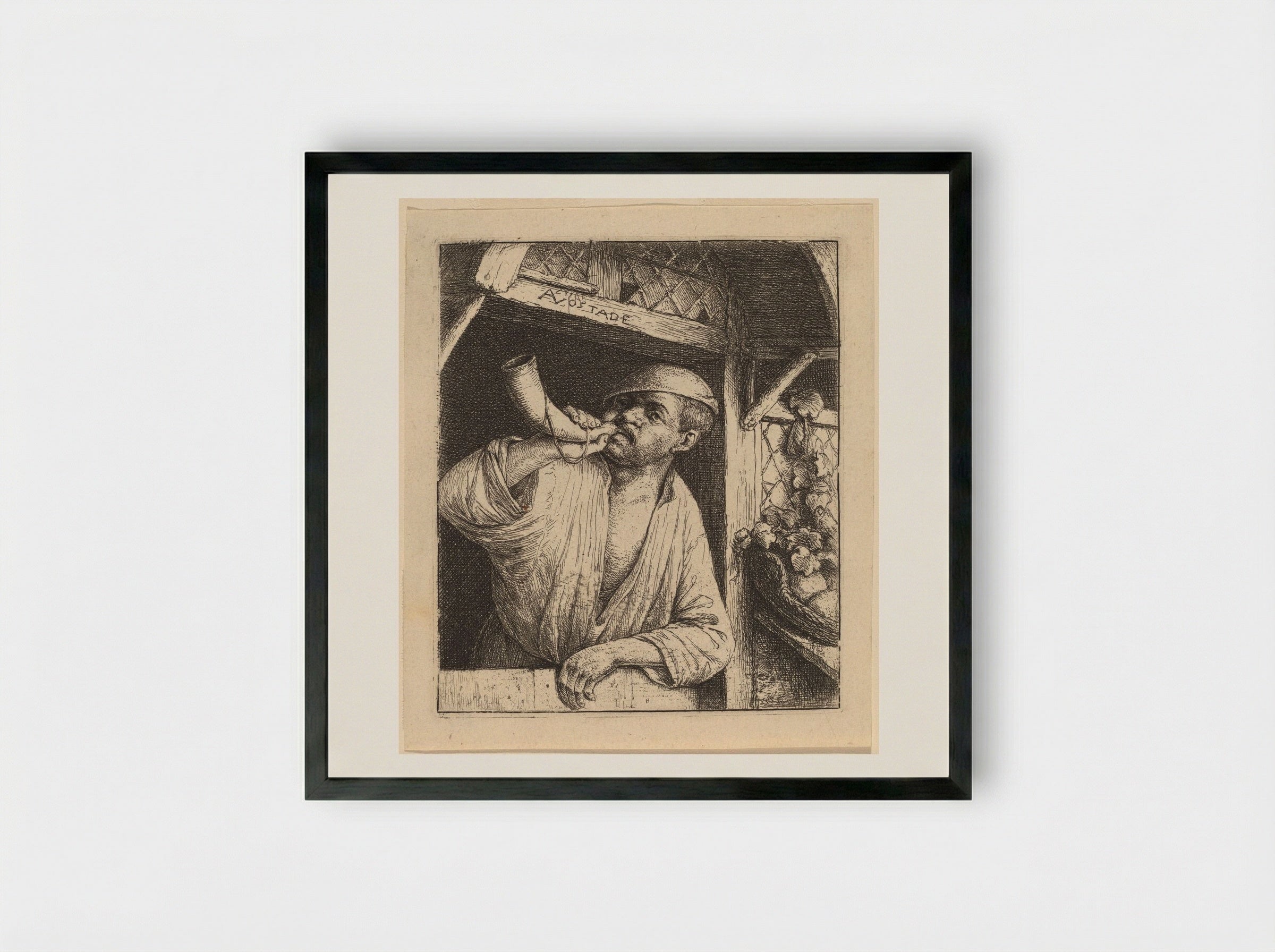 The Baker Sounding His Horn - Adriaen van Ostade - Framed Print Black