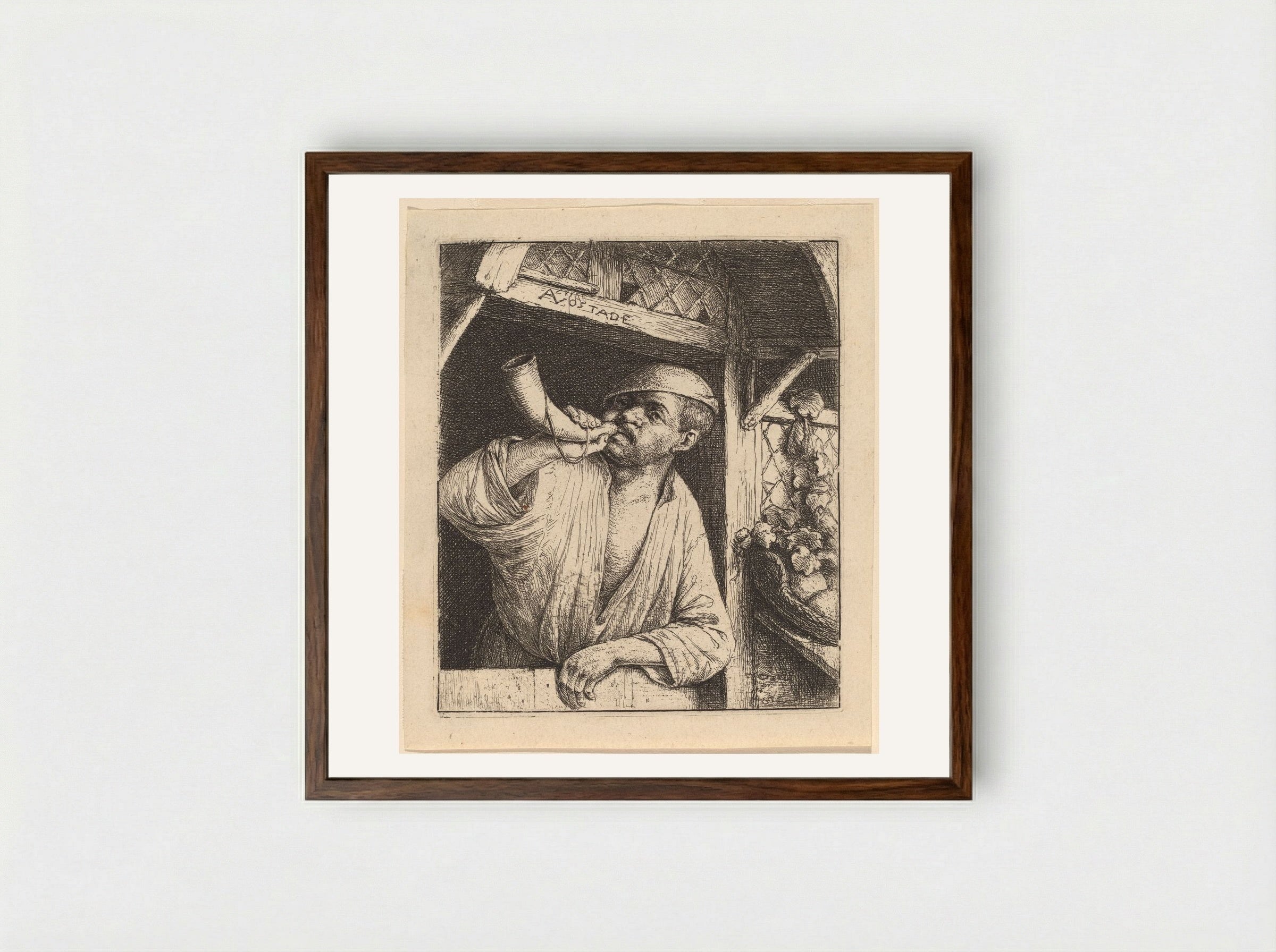 The Baker Sounding His Horn - Adriaen van Ostade - Framed Print Dark Wood