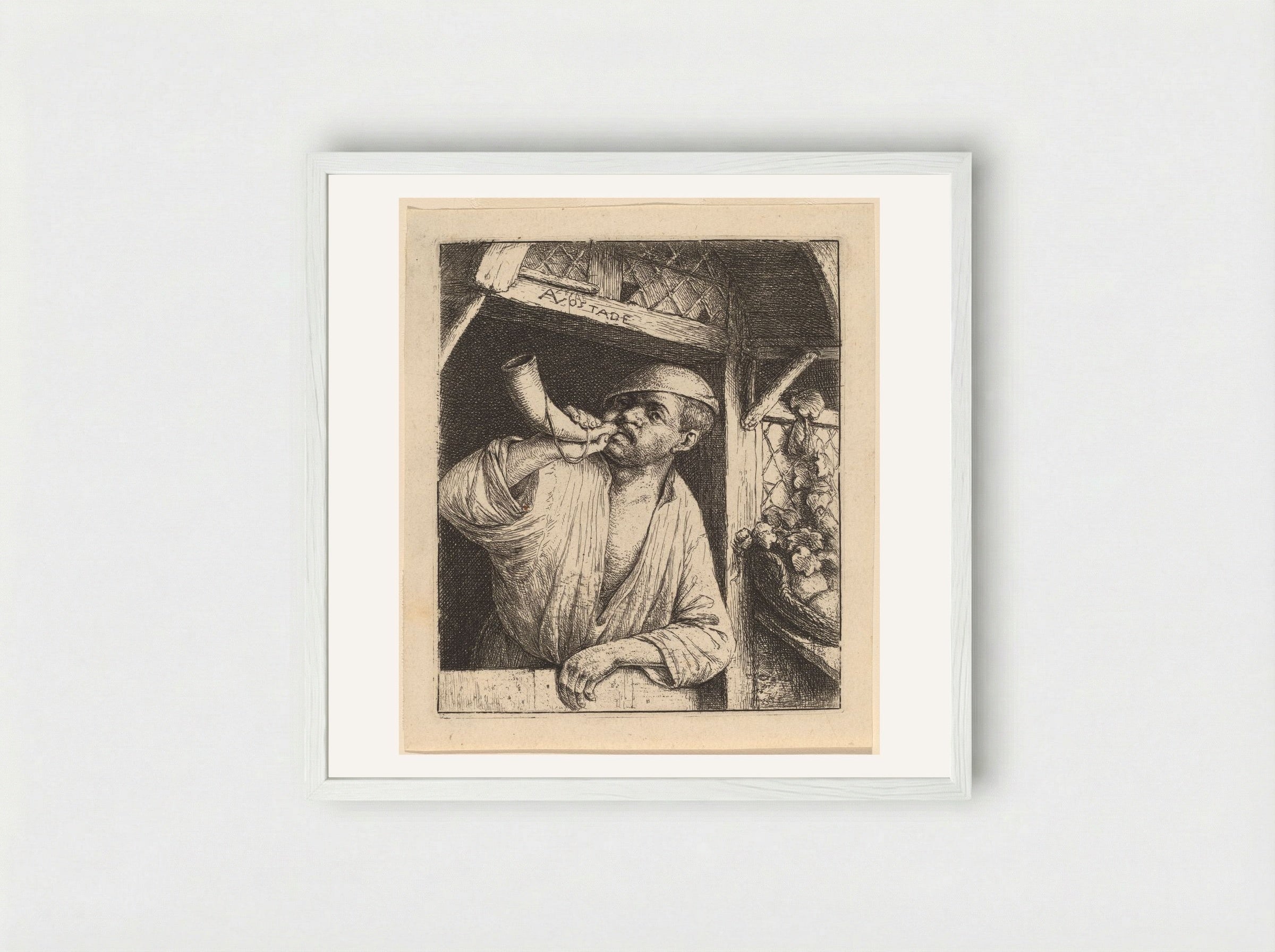 The Baker Sounding His Horn - Adriaen van Ostade - Framed Print White