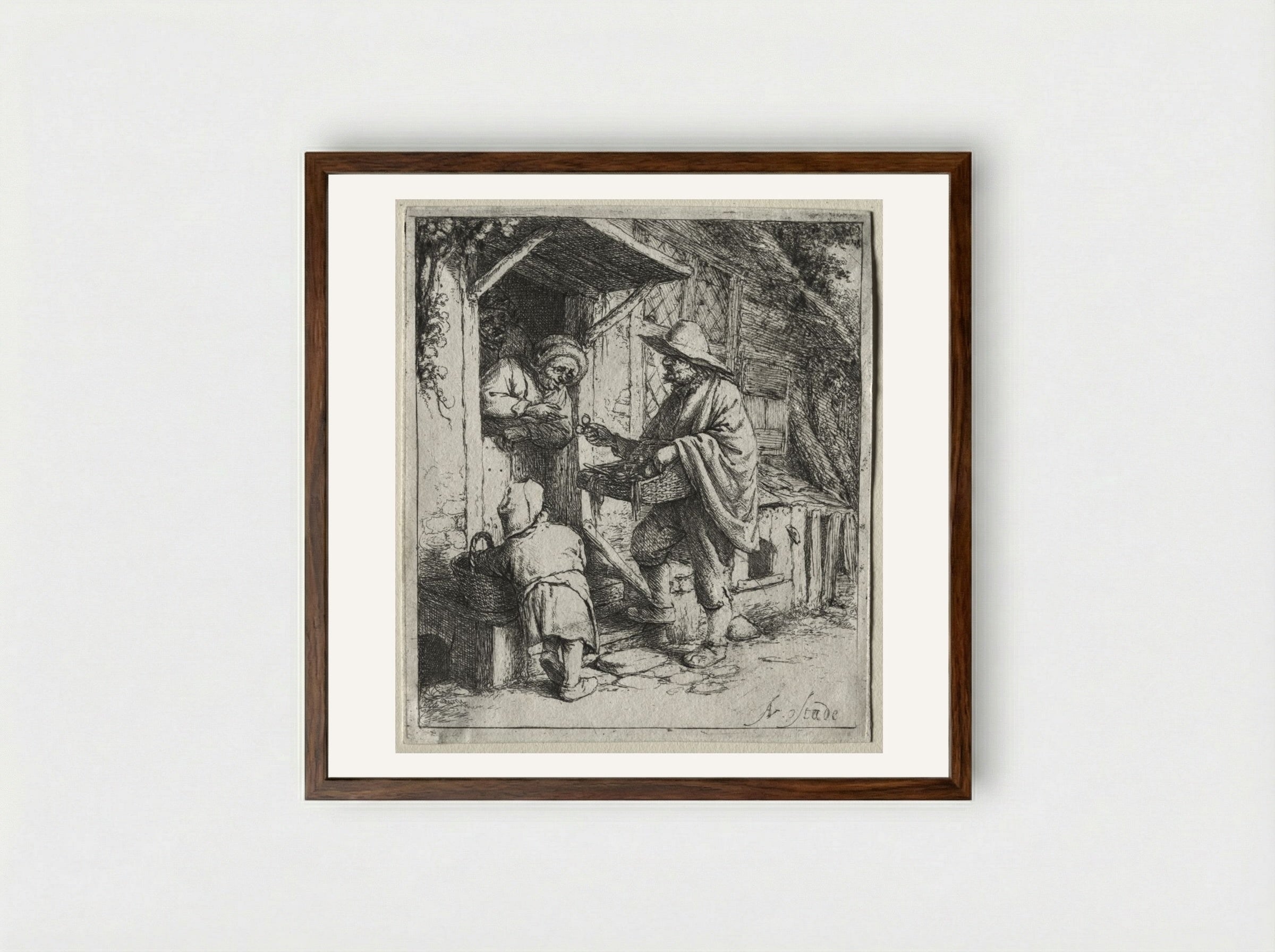 The Spectacle Seller - Adriaen van Ostade - Framed Print Dark Wood
