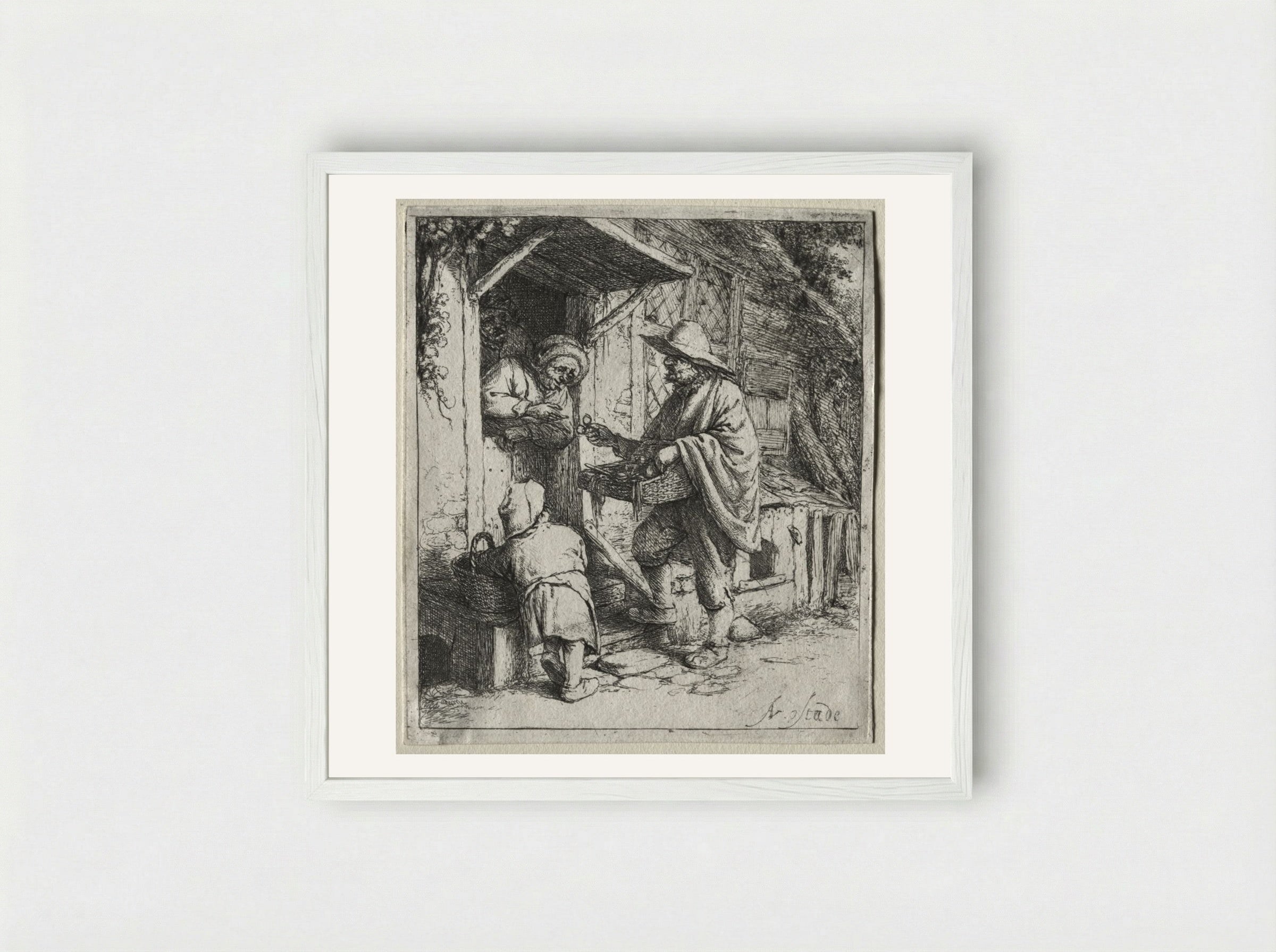 The Spectacle Seller - Adriaen van Ostade - Framed Print White