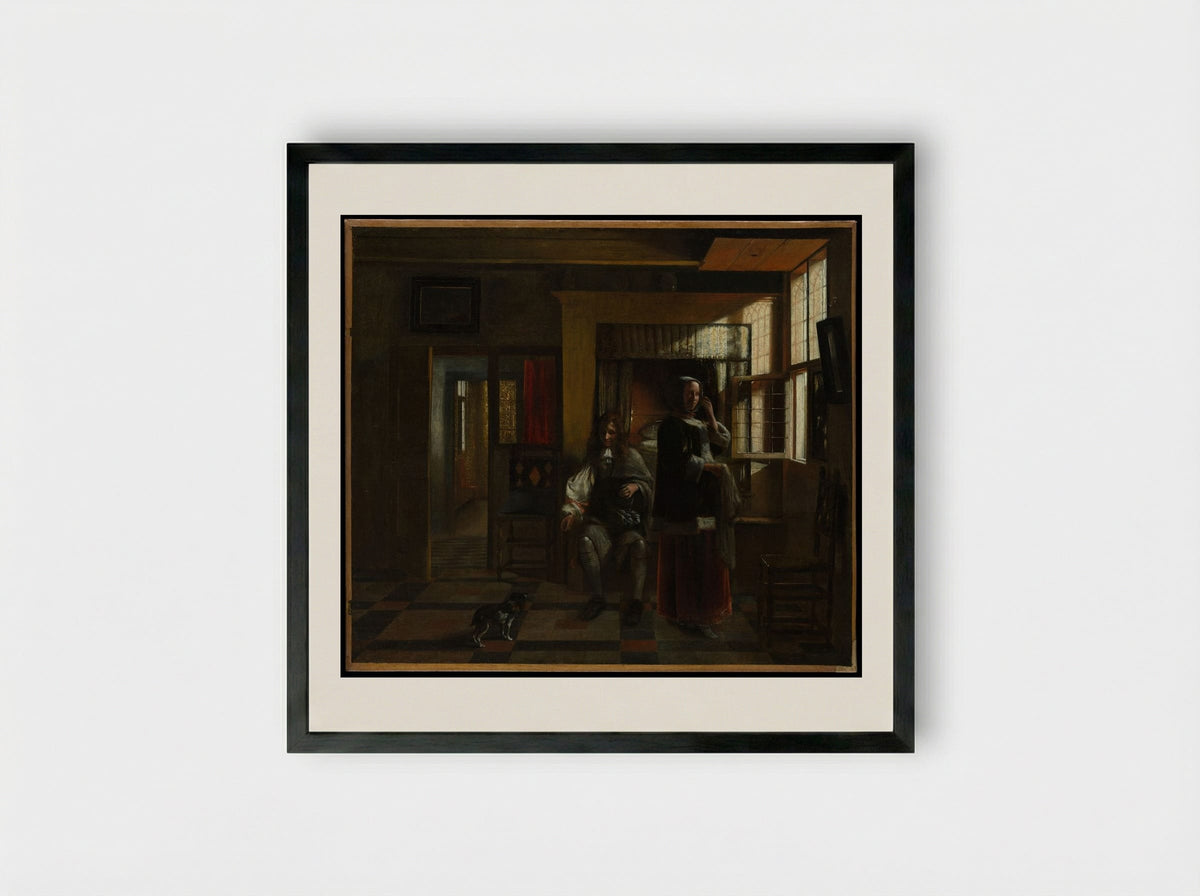 Interior with a Young Couple - Pieter de Hooch - Framed Print Black