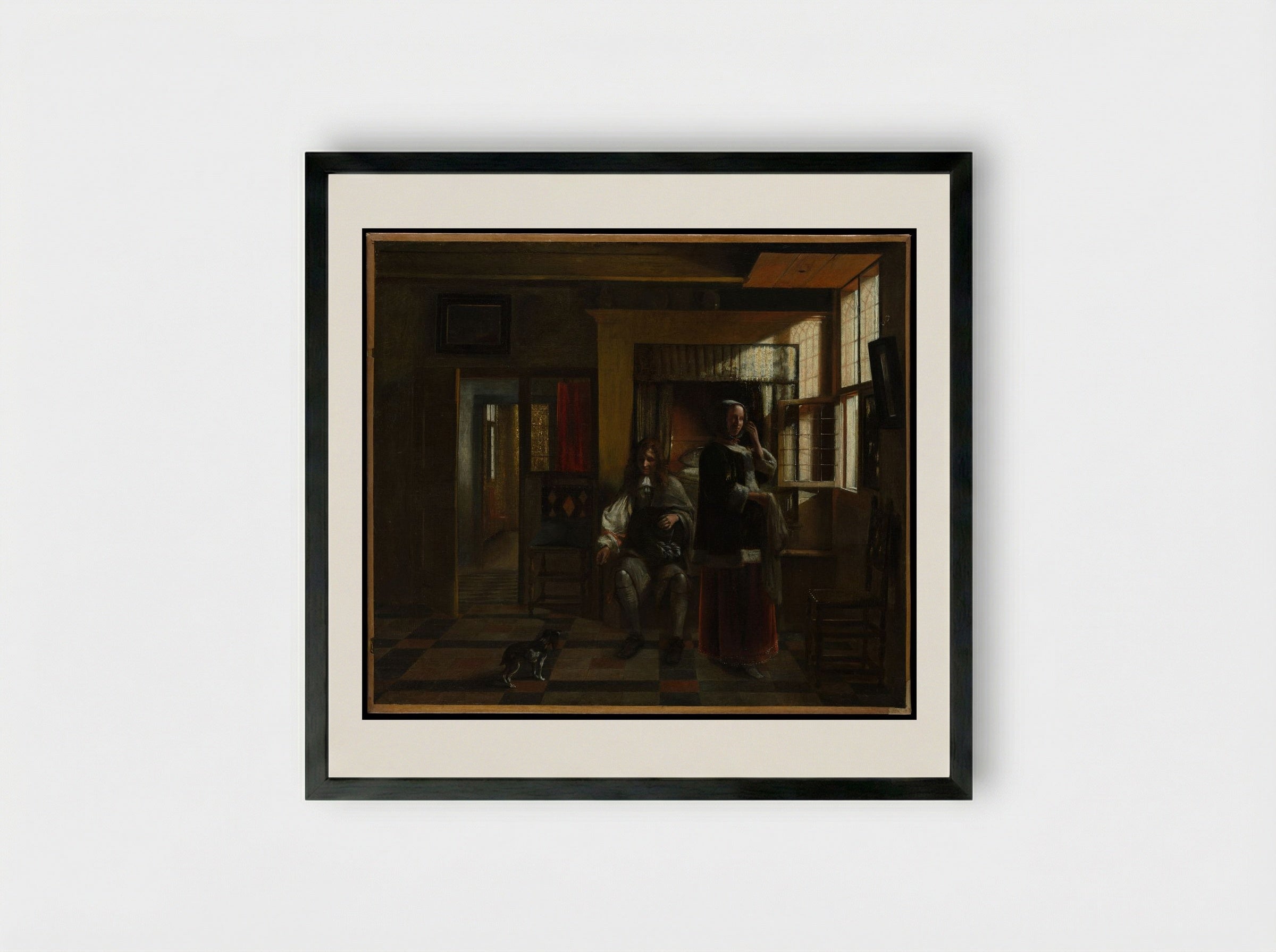 Interior with a Young Couple - Pieter de Hooch - Framed Print Black