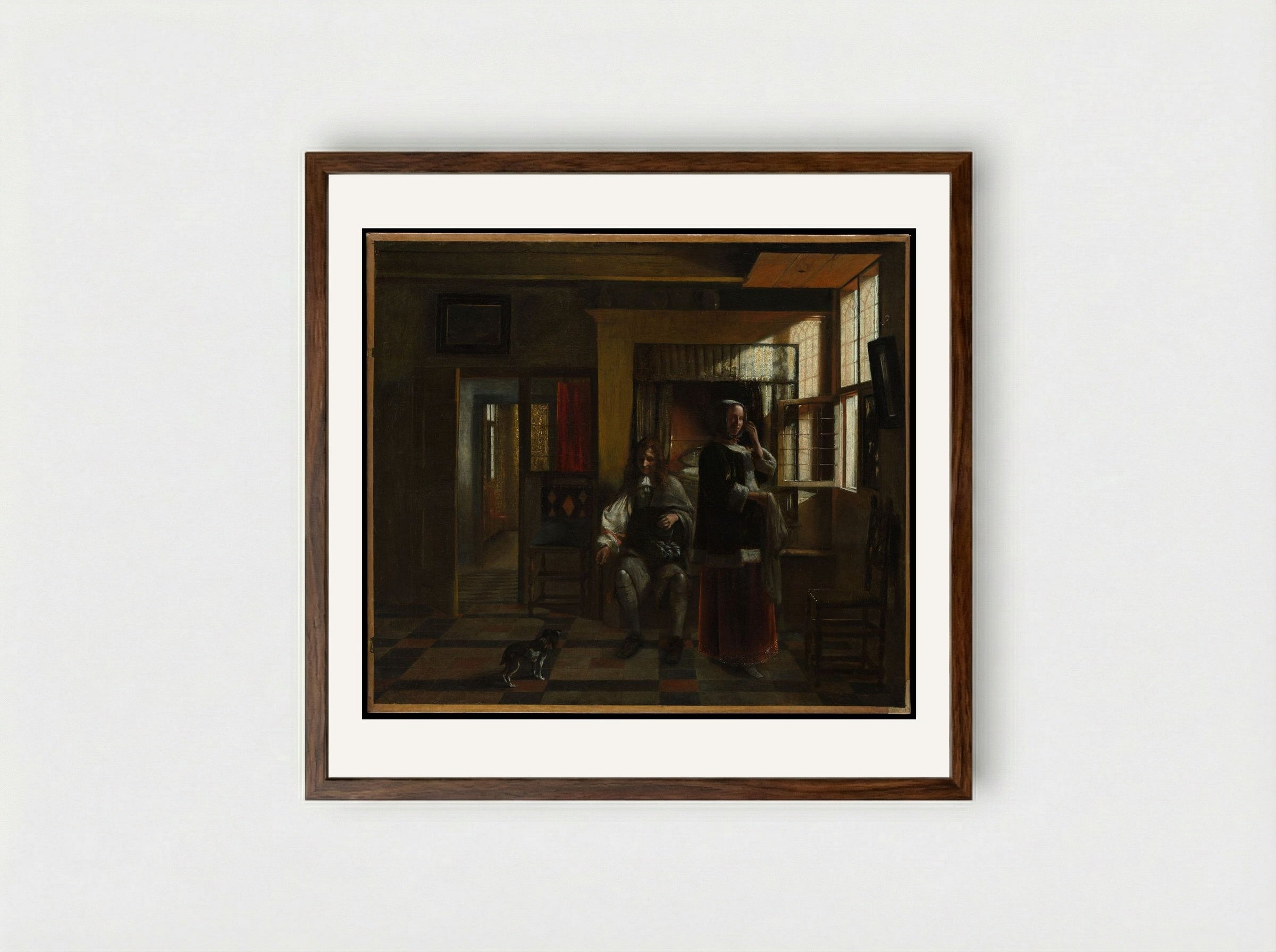 Interior with a Young Couple - Pieter de Hooch - Framed Print Dark Wood