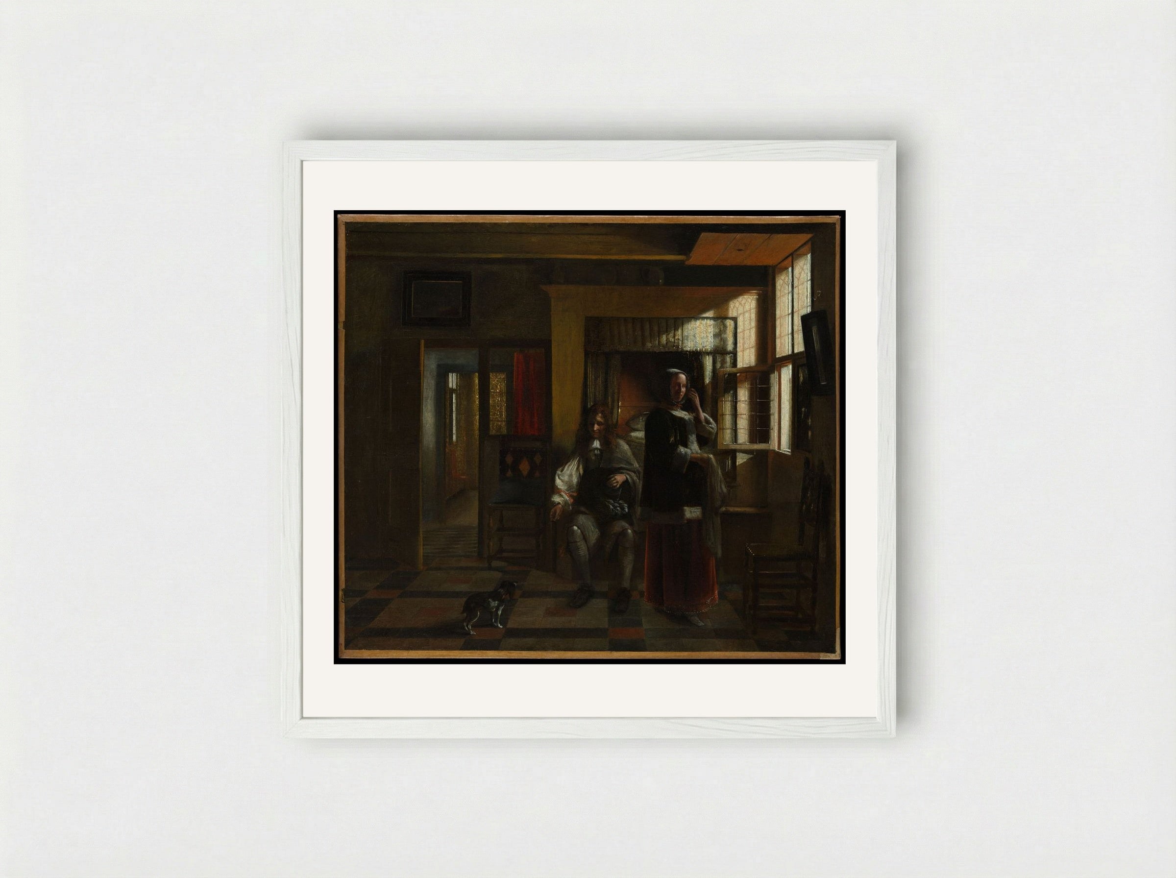 Interior with a Young Couple - Pieter de Hooch - Framed Print White