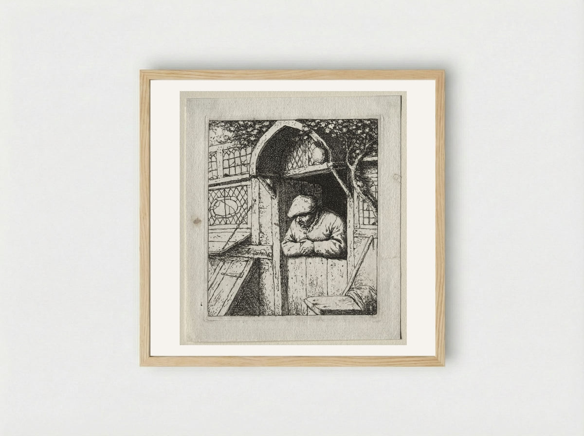 Peasant Leaning on his Doorway - Adriaen van Ostade - Framed Print Wood