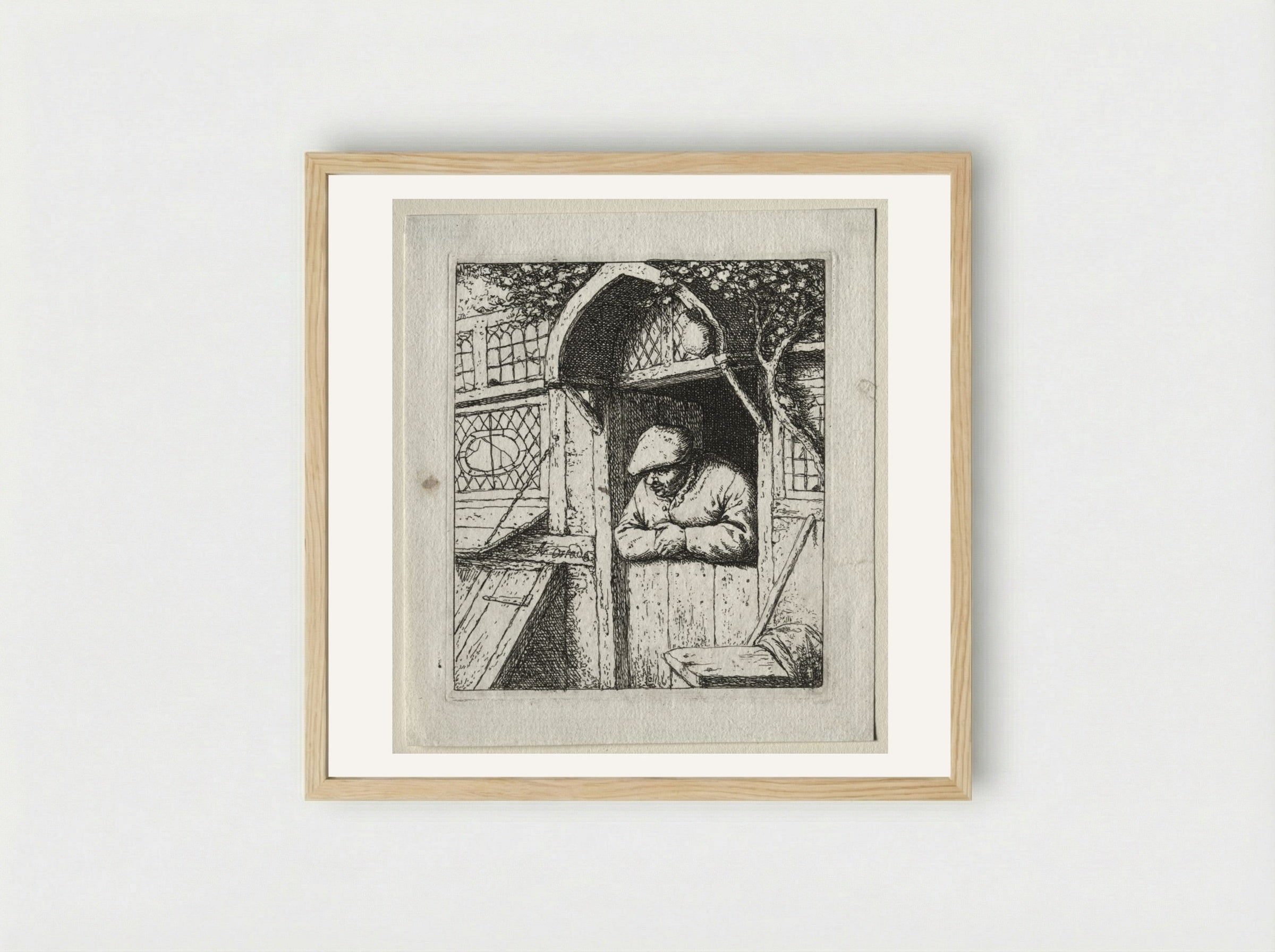 Peasant Leaning on his Doorway - Adriaen van Ostade - Framed Print Wood