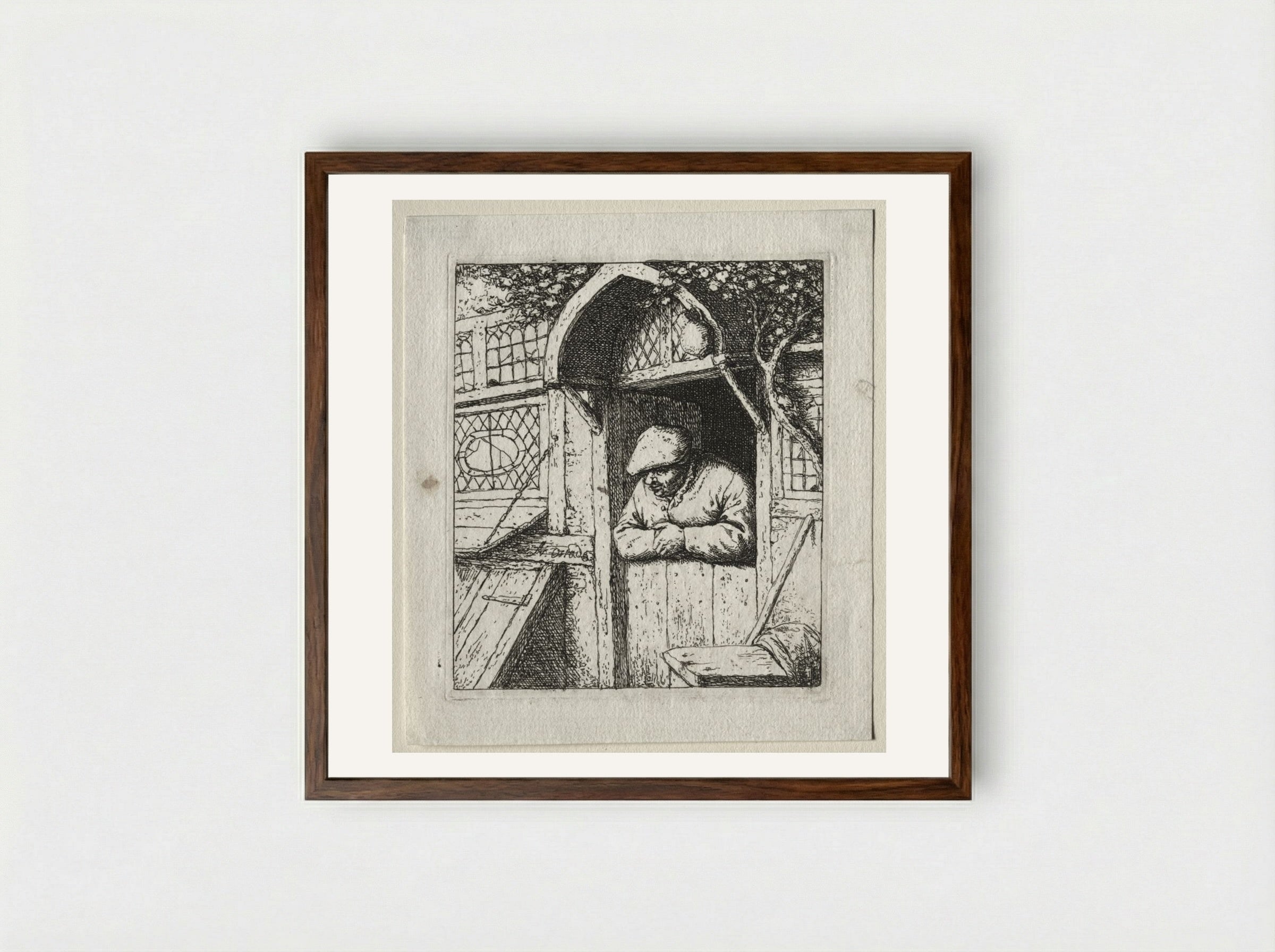 Peasant Leaning on his Doorway - Adriaen van Ostade - Framed Print Dark Wood