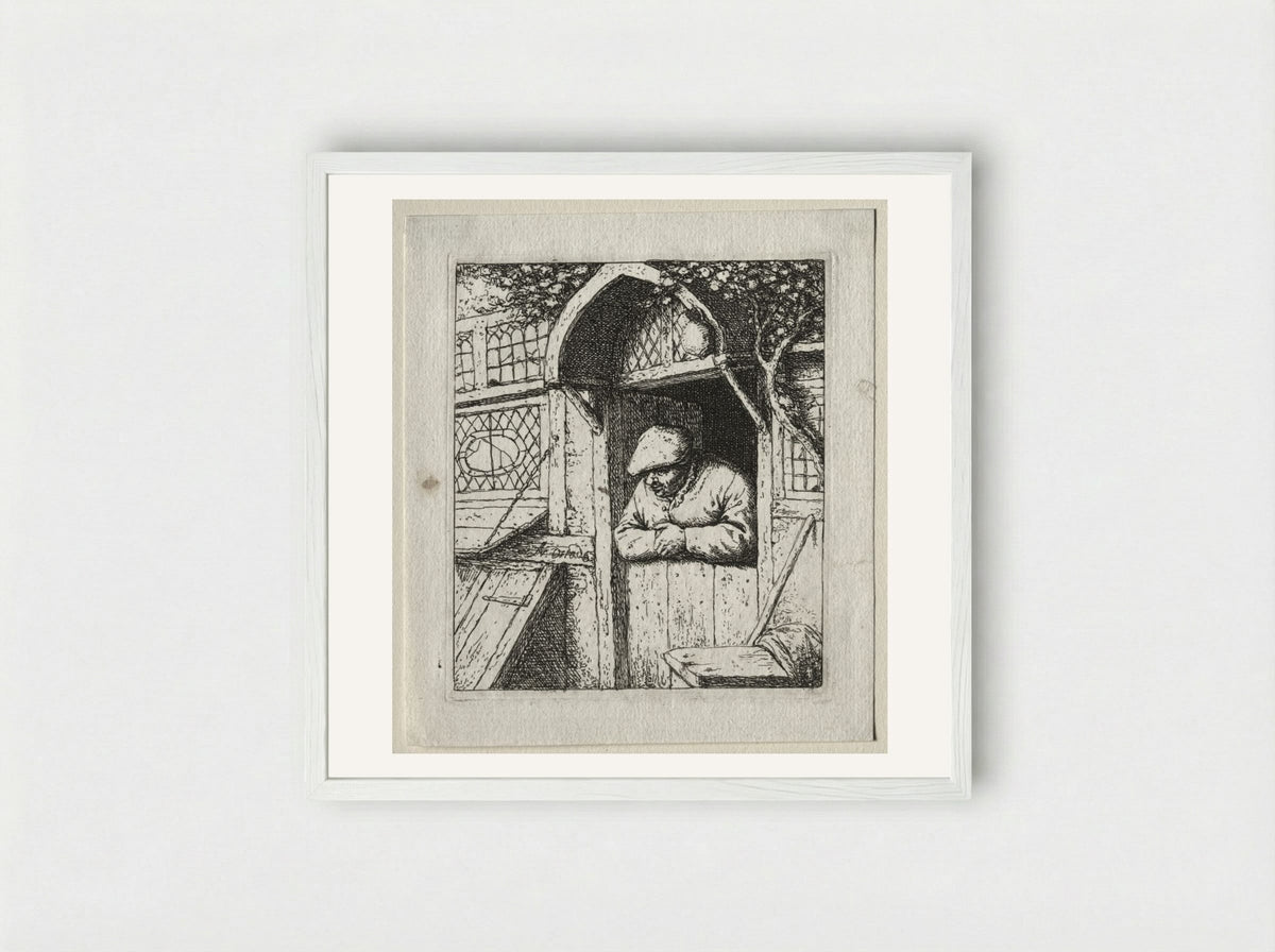 Peasant Leaning on his Doorway - Adriaen van Ostade - Framed Print White