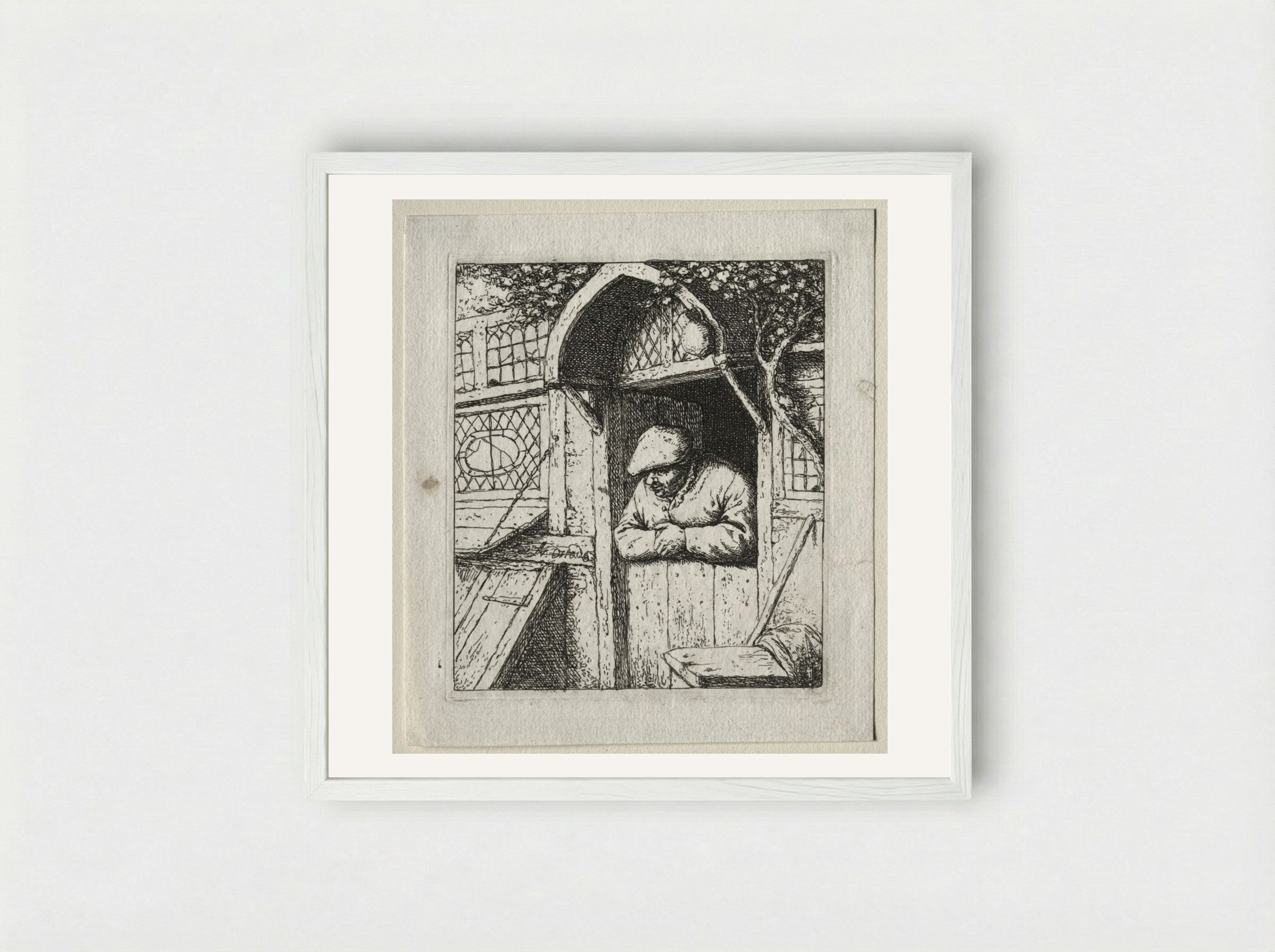 Peasant Leaning on his Doorway - Adriaen van Ostade - Framed Print White