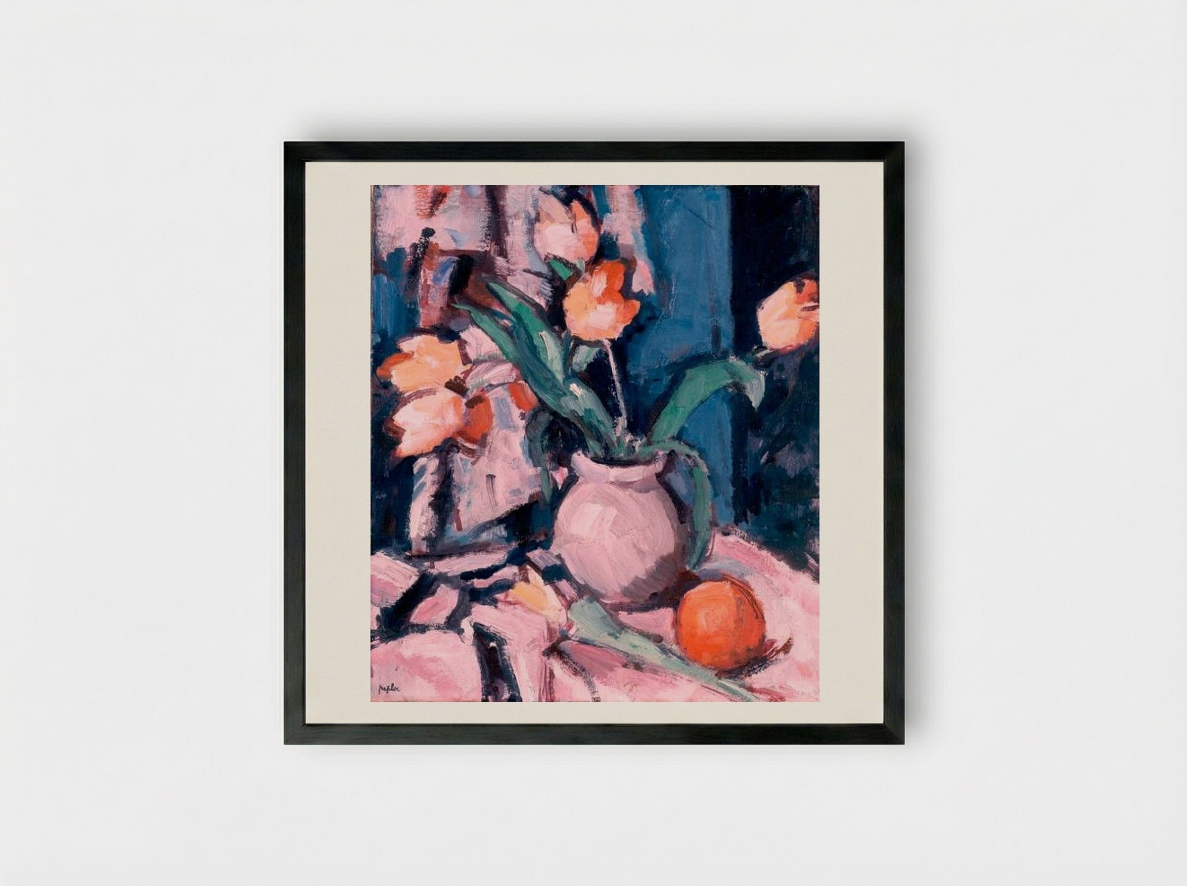Tulips in a Brown Jar - Samuel Peploe - Framed Print Black
