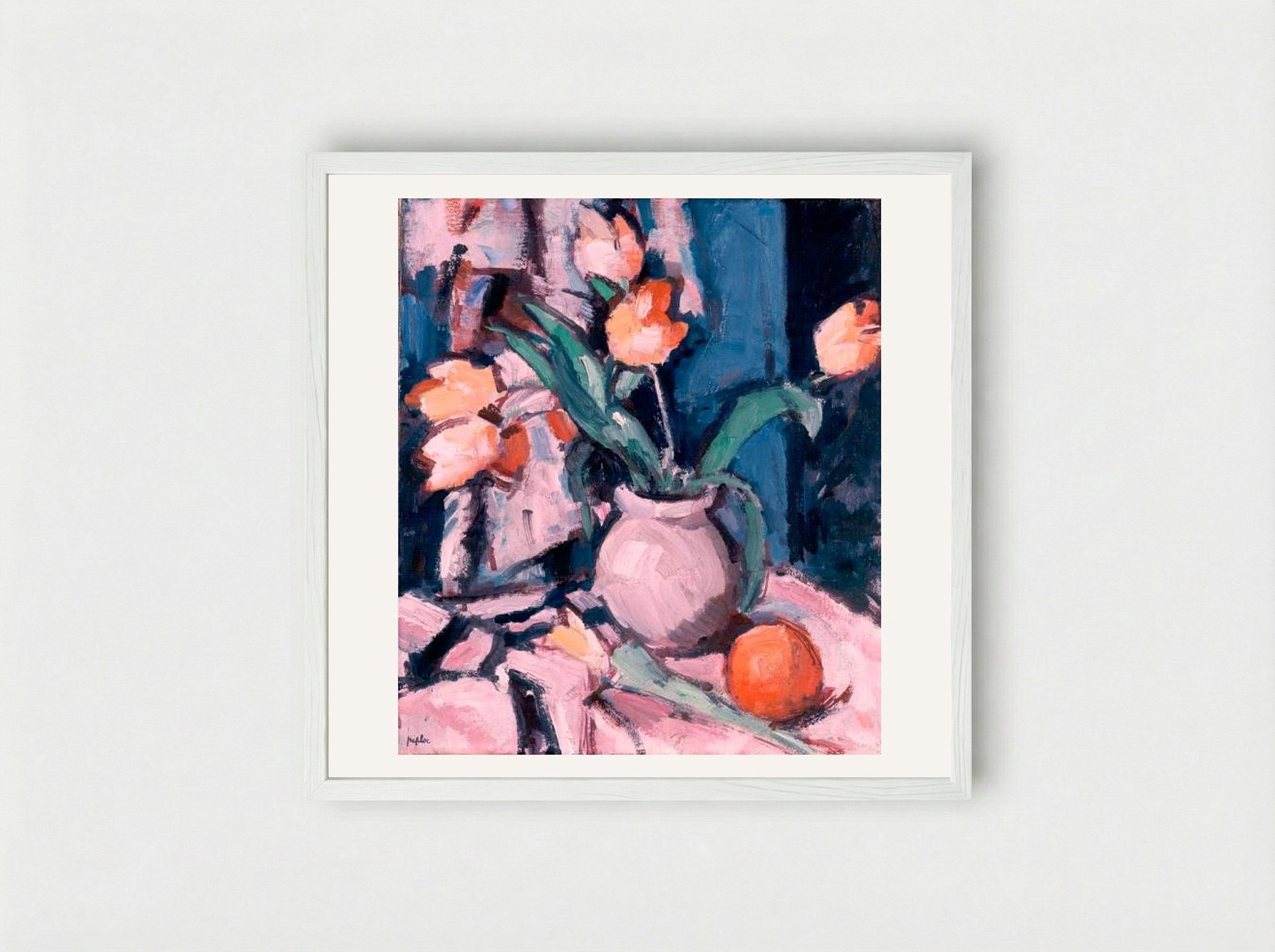 Tulips in a Brown Jar - Samuel Peploe - Framed Print White