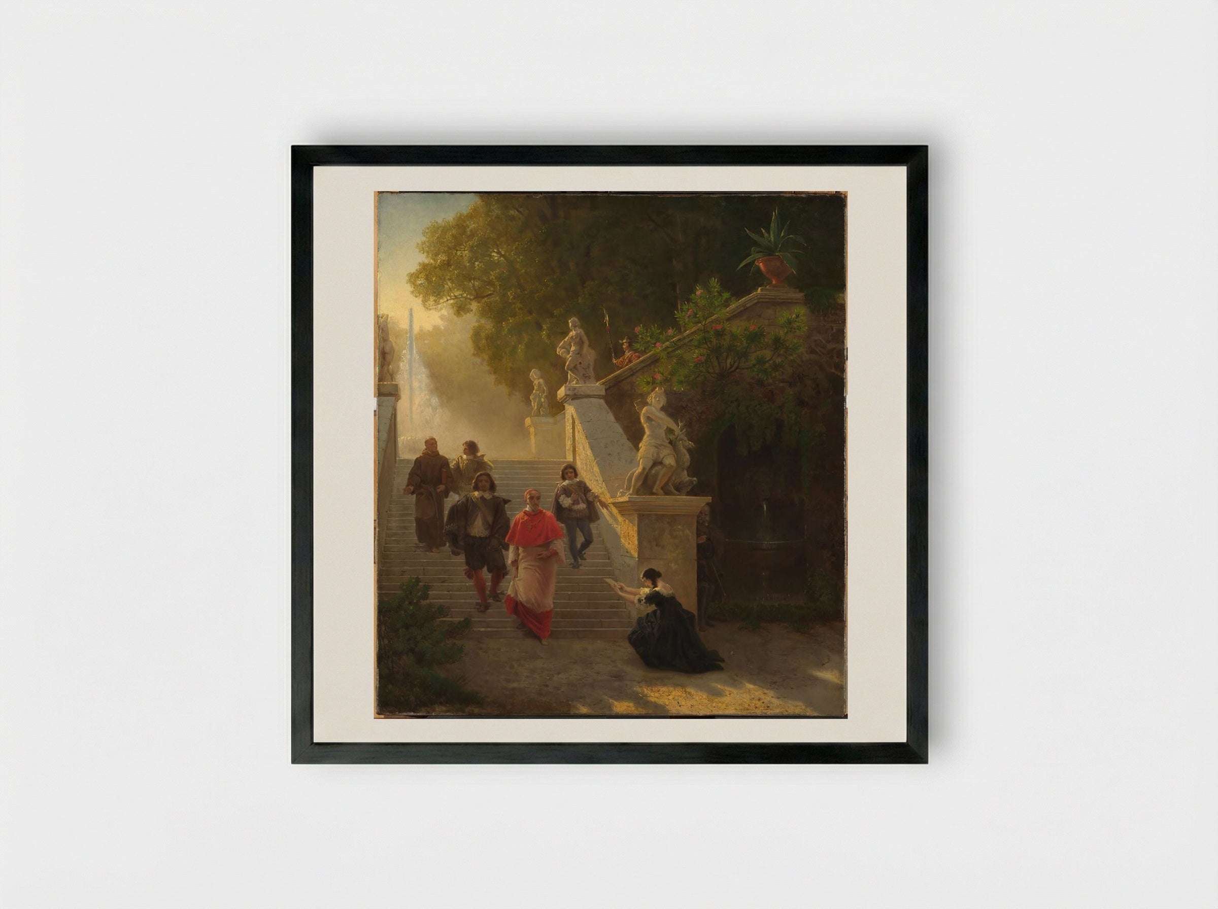 A Cardinal and his Entourage in a Park - Emanuel Gottlieb Leutze - Framed Print Black