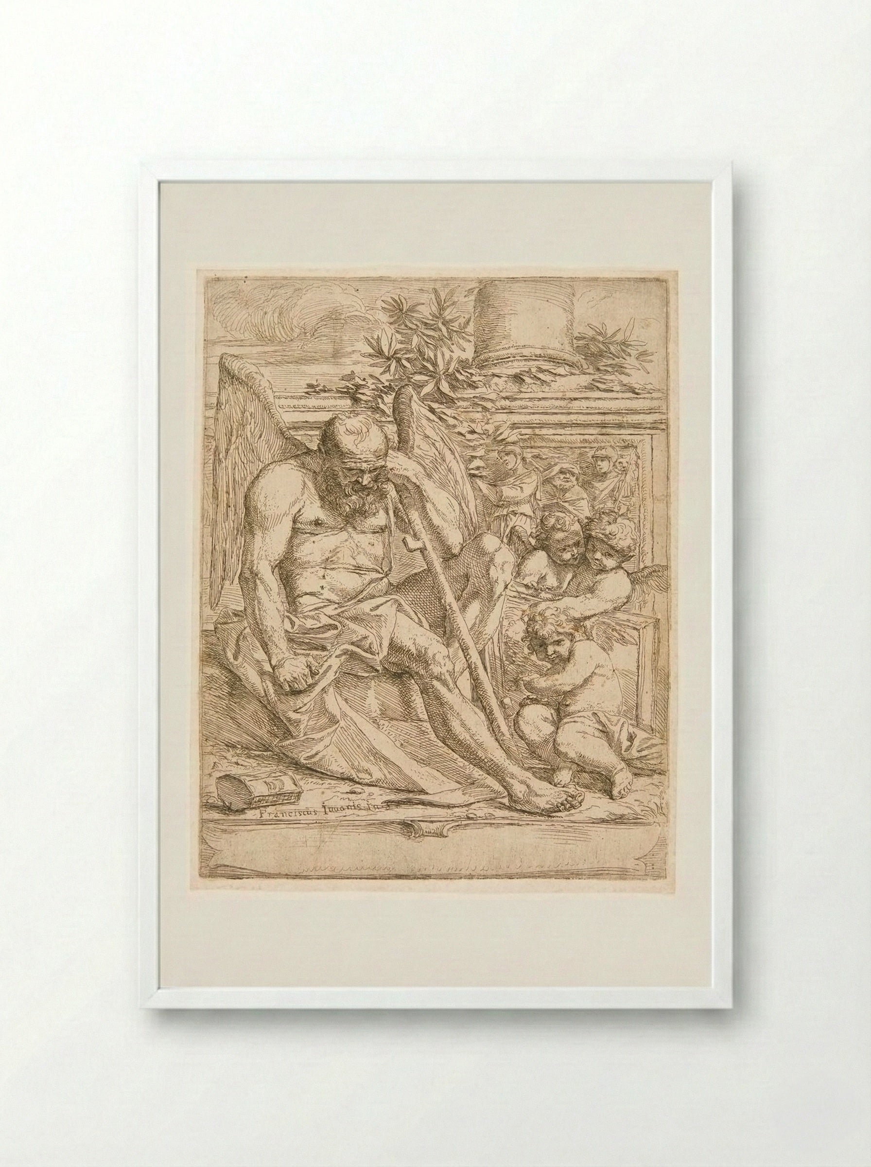 Saturn, Seated with three Putti Holding a Painting - Giovanni Francesco Grimaldi - Framed Print White