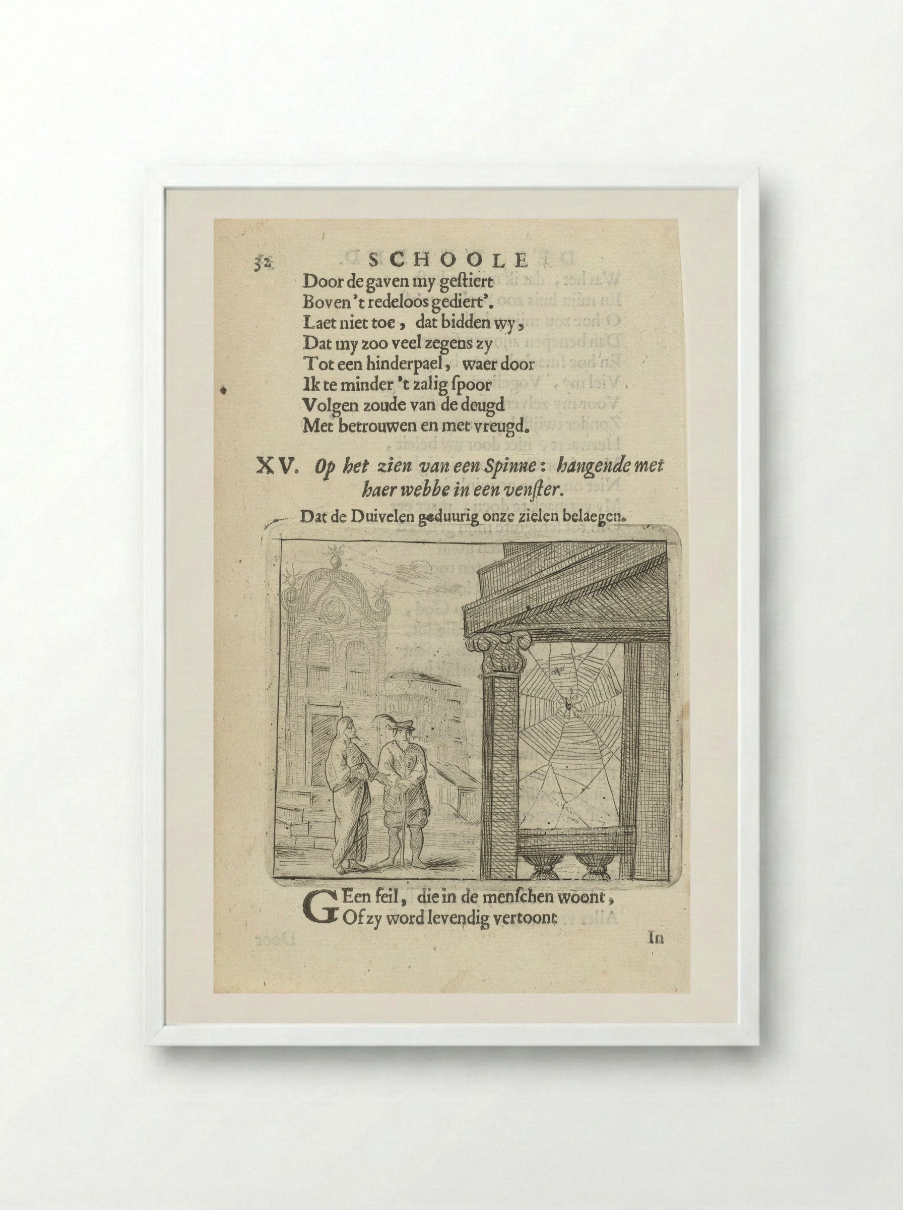 Two Figures Observing a Spiderweb - Arnold Houbraken - Framed Print White