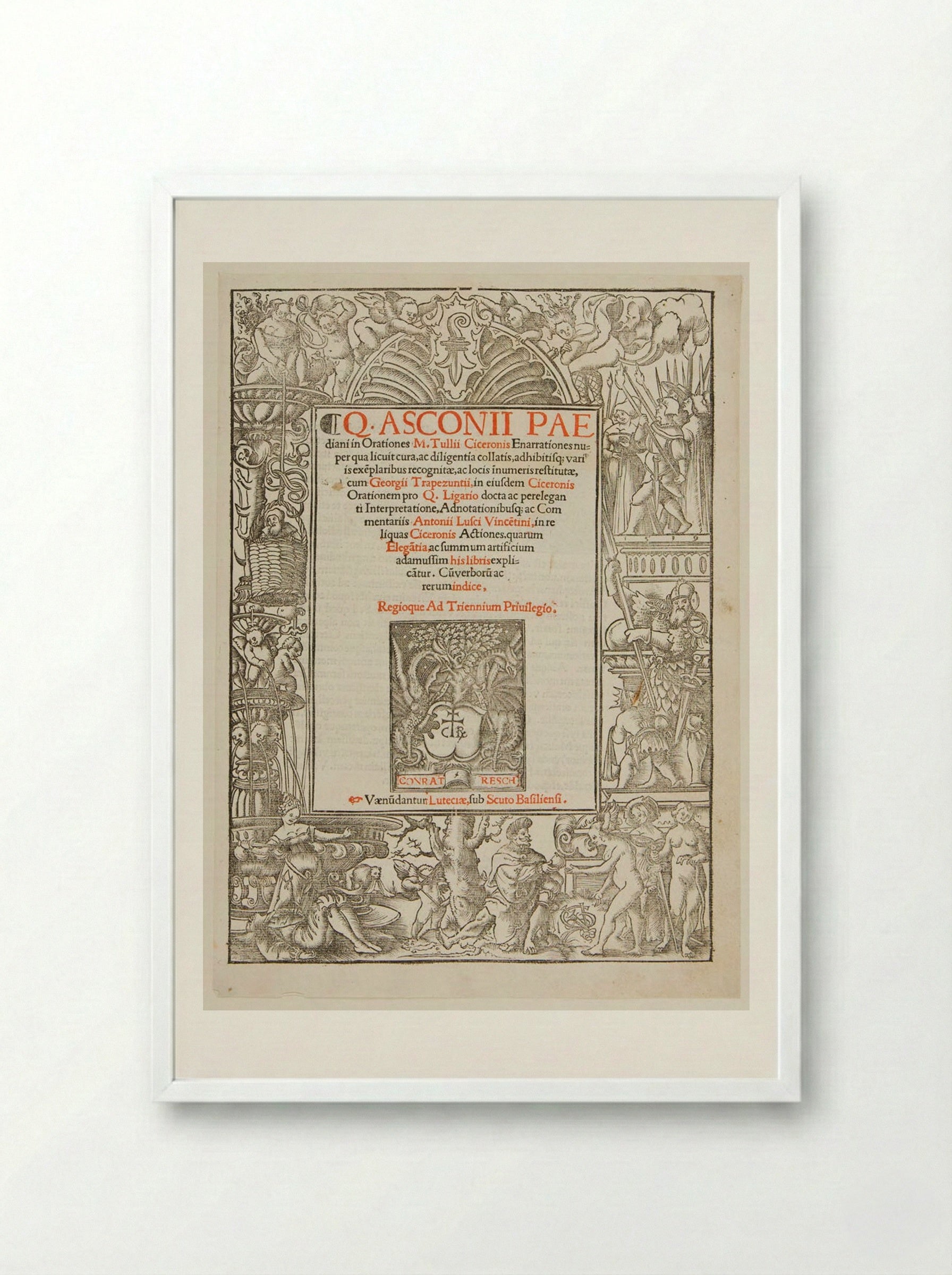 Title-Border with Pyramus and Thisbe, Judgment of Paris, etc. - Urs Graf - Framed Print White