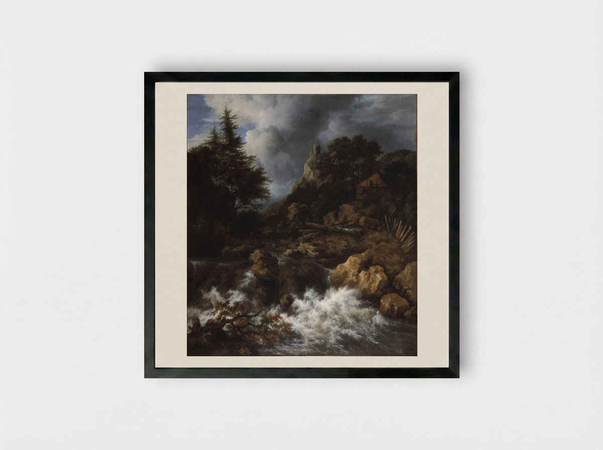 Waterfall with a Half-Timbered House and Castle - Jacob van Ruisdael - Framed Print Black
