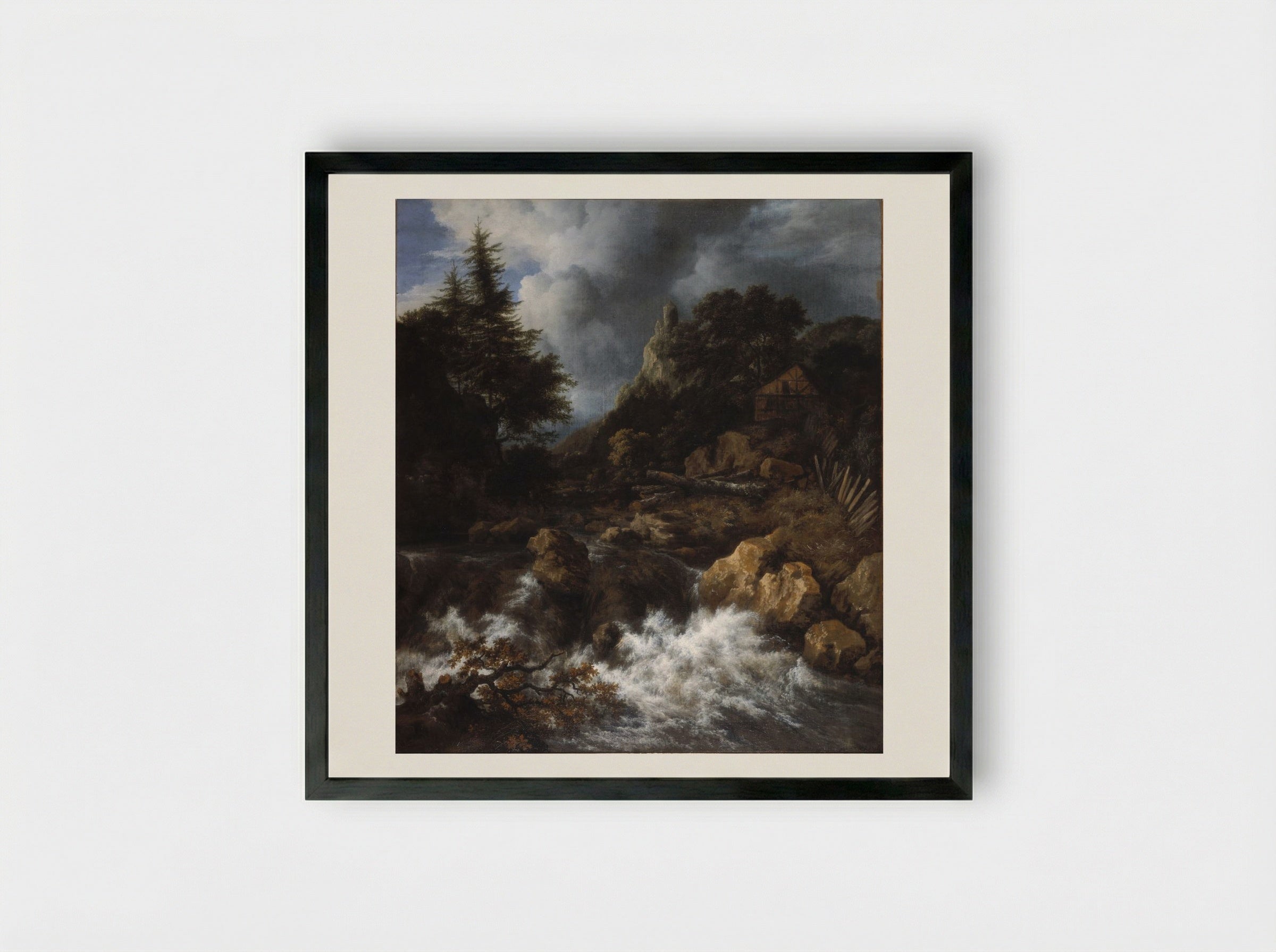 Waterfall with a Half-Timbered House and Castle - Jacob van Ruisdael - Framed Print Black