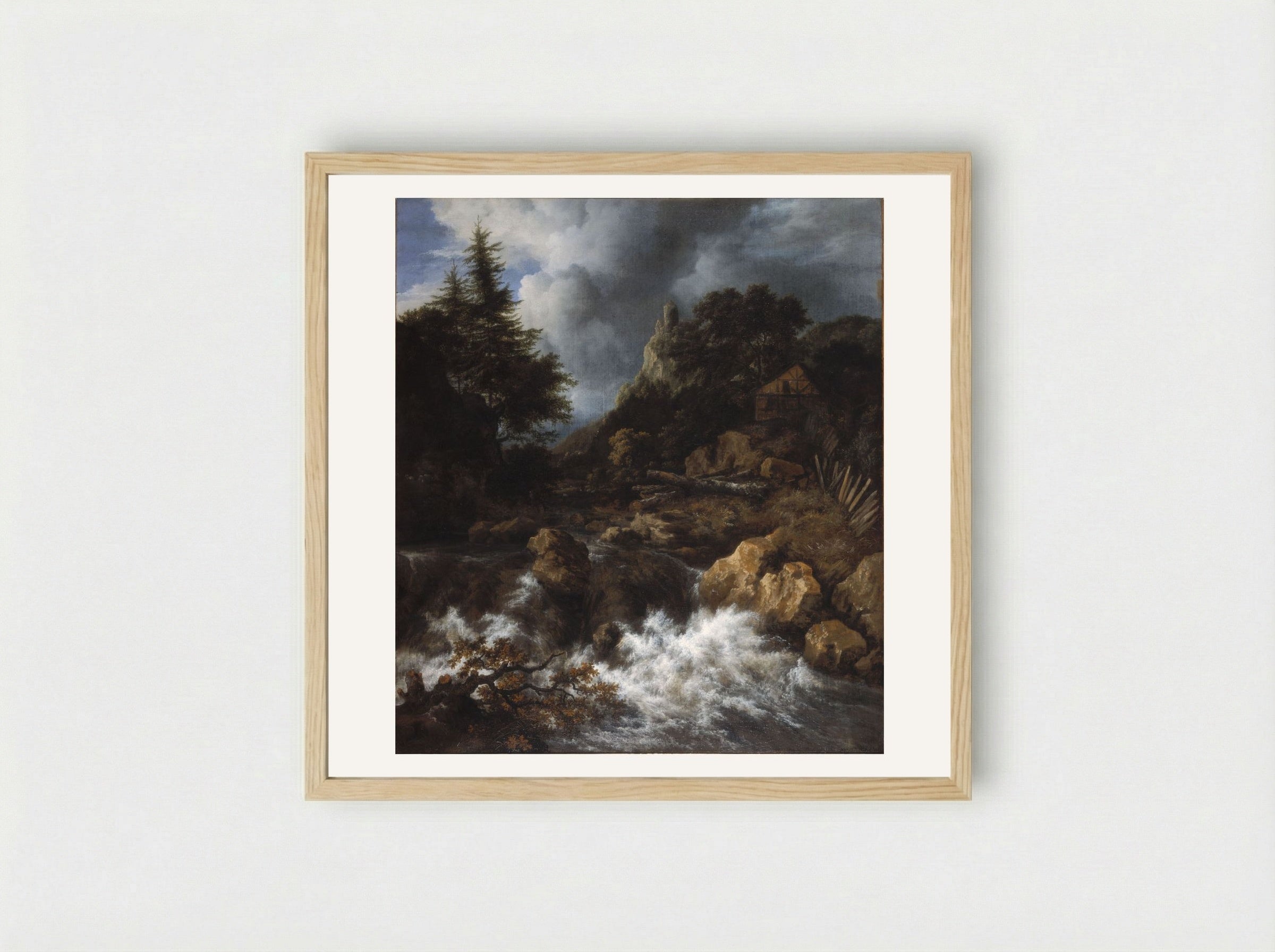 Waterfall with a Half-Timbered House and Castle - Jacob van Ruisdael - Framed Print Wood