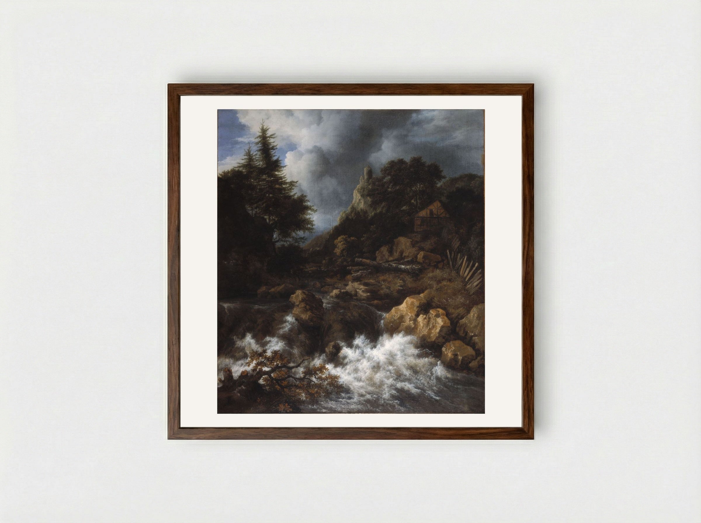 Waterfall with a Half-Timbered House and Castle - Jacob van Ruisdael - Framed Print Dark Wood