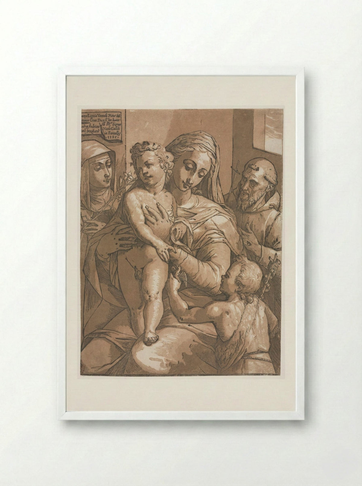 Virgin and Child with St. John, St. Catherine of Siena and St. Francis - Andrea Andreani - Framed Print White
