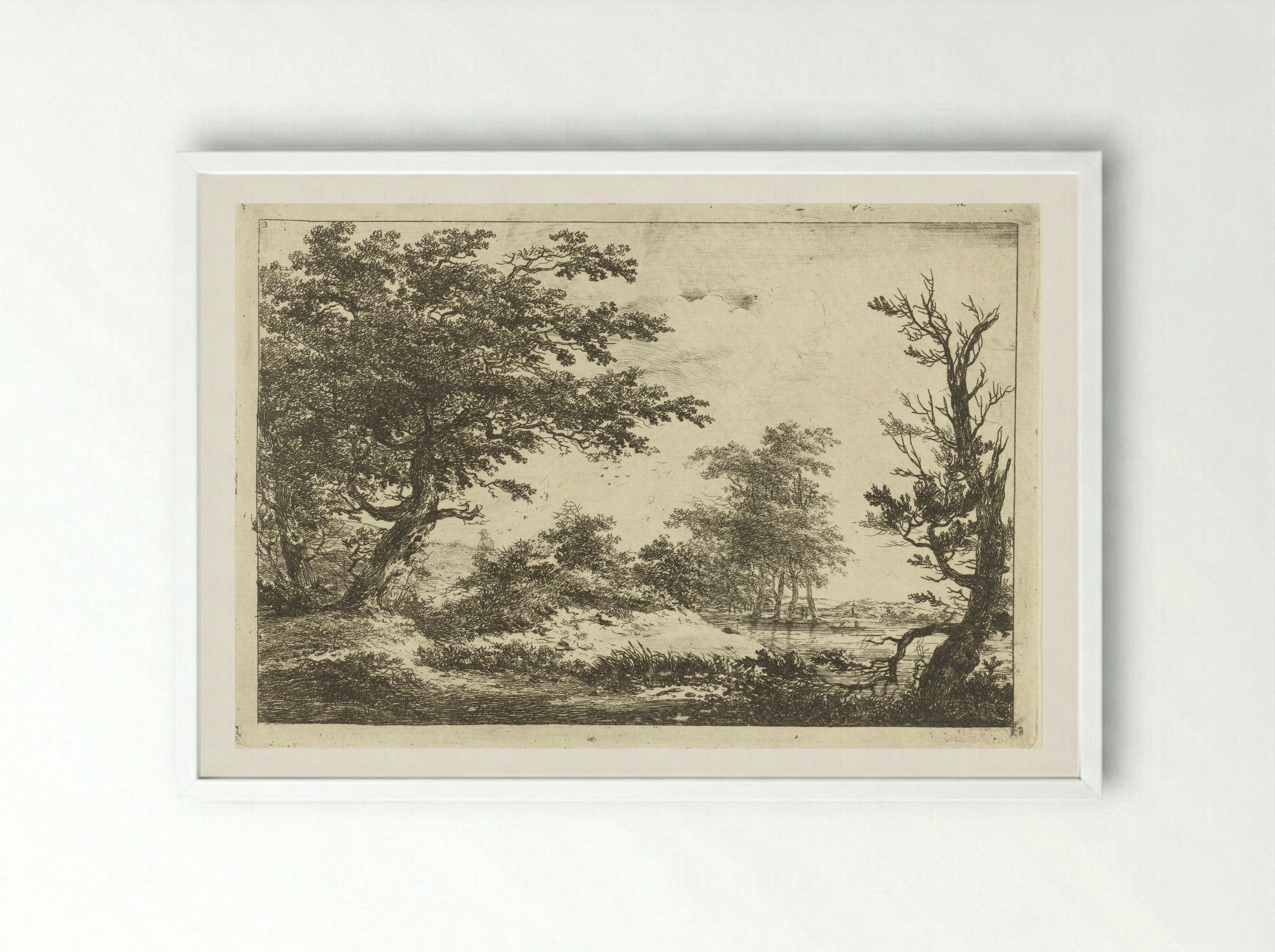 Landschap met heuvel, water en bomen - Hermanus van Brussel - Framed Print White