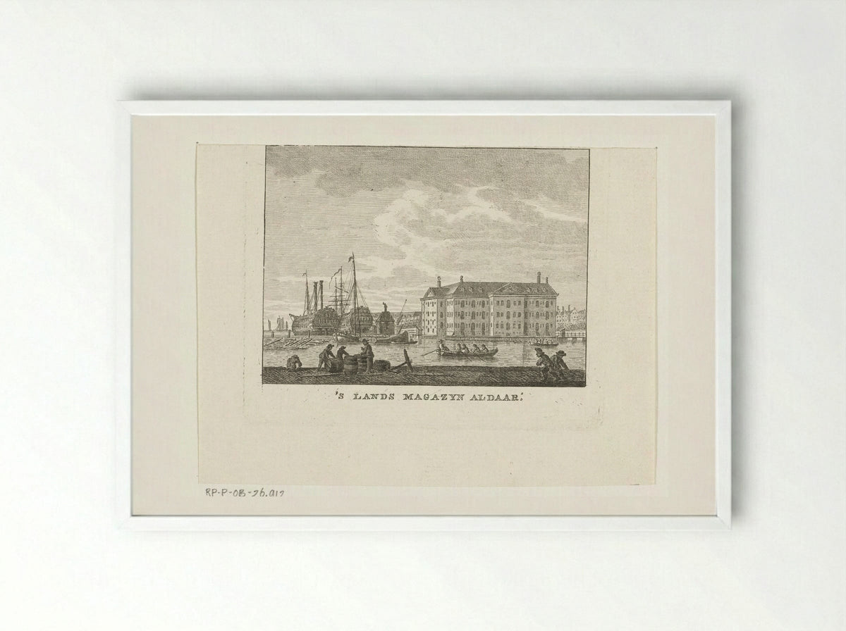 Stadsgezicht met zeemagazijn en haven met schepen te Amsterdam - Cornelis Brouwer - Framed Print White