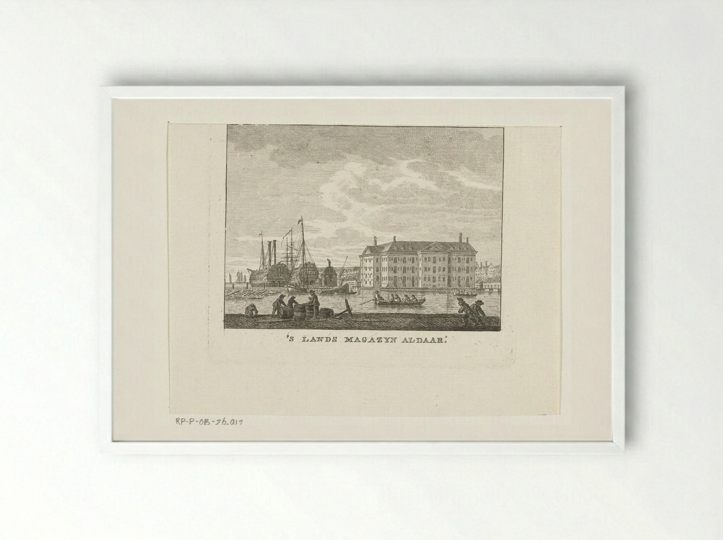 Stadsgezicht met zeemagazijn en haven met schepen te Amsterdam - Cornelis Brouwer - Framed Print White