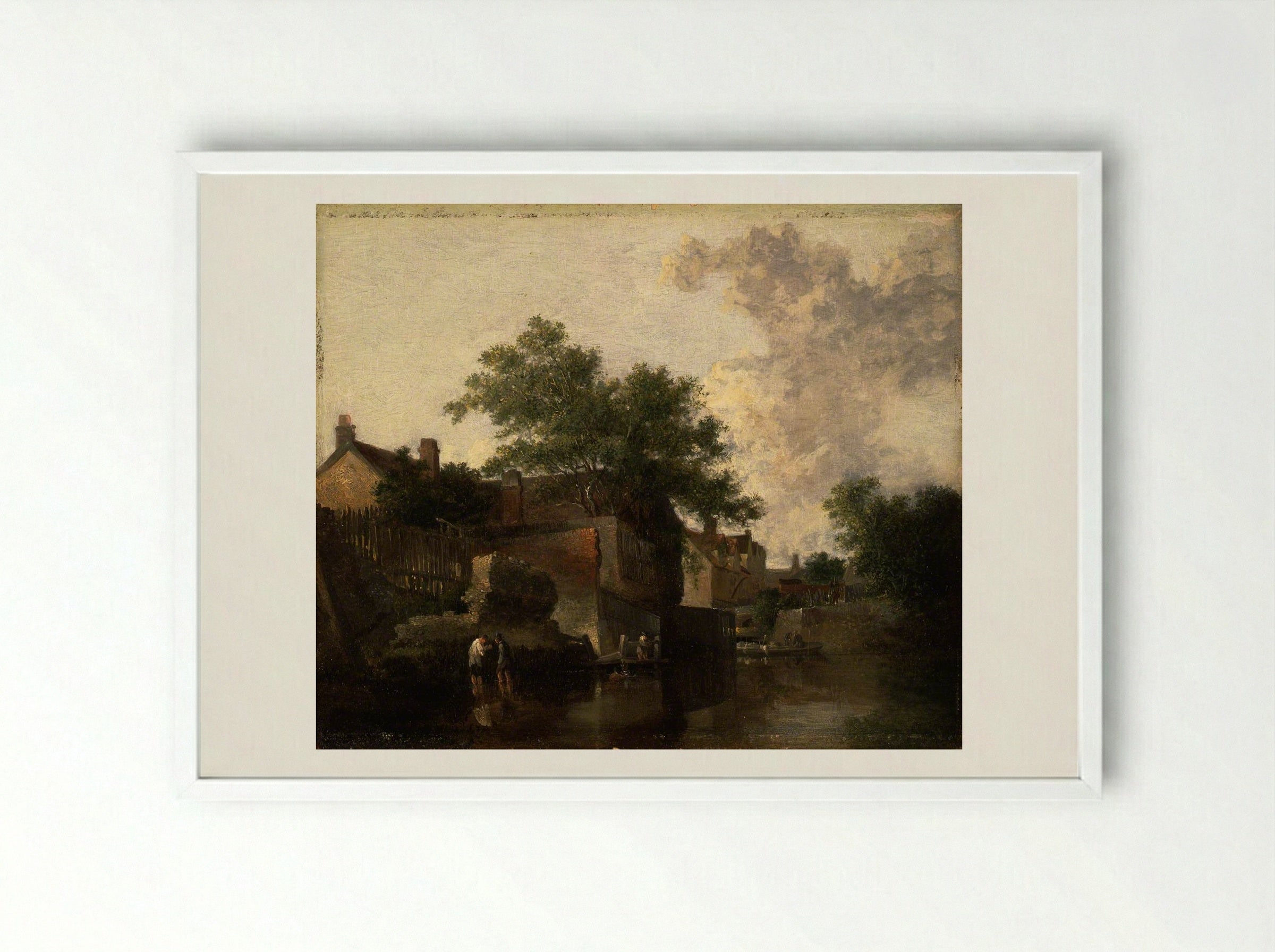 New Mills, Norfolk: Men Wading - John Crome - Framed Print White