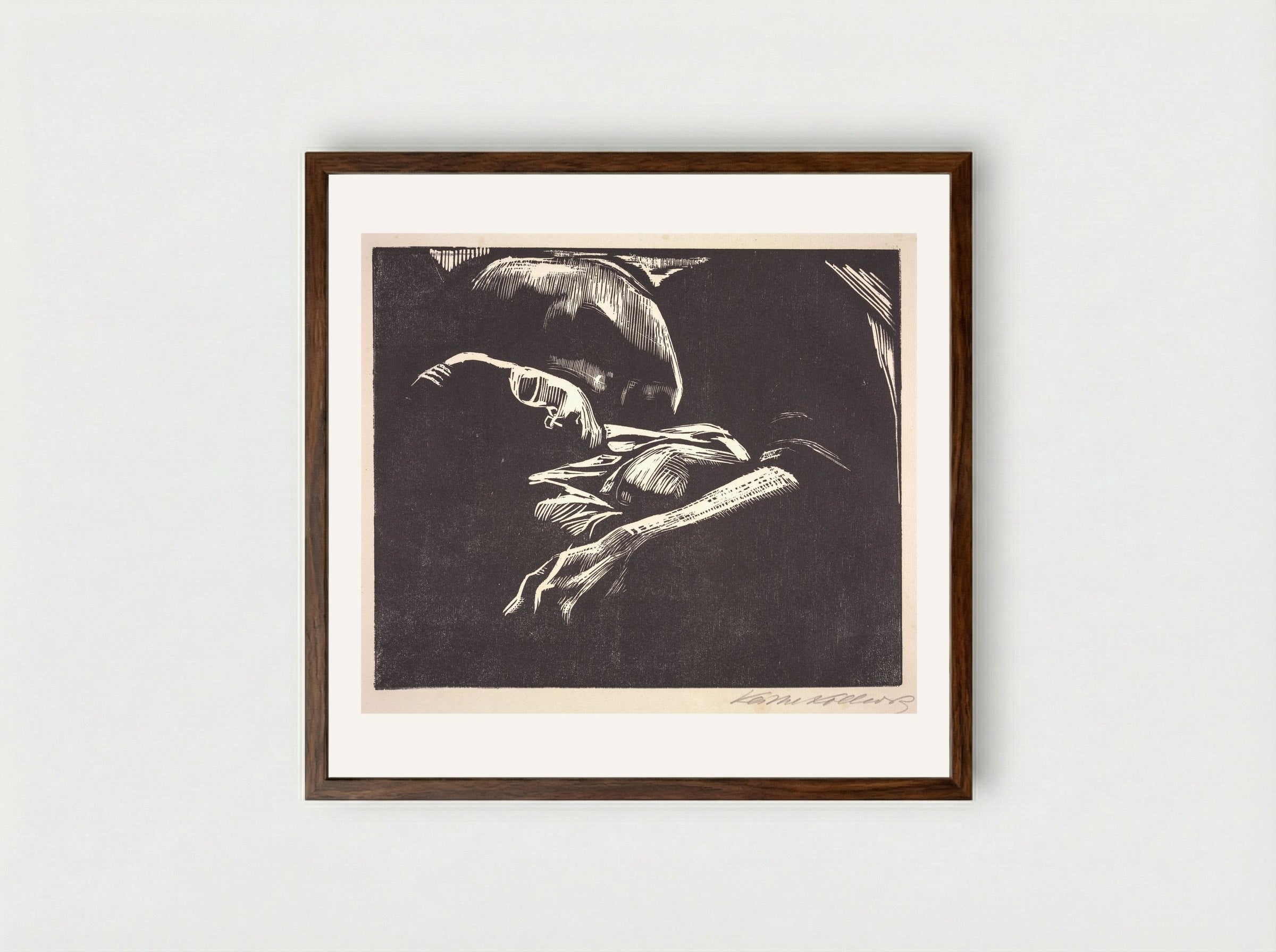 Pregnant Woman Contemplating Suicide - Käthe Kollwitz - Framed Print Dark Wood