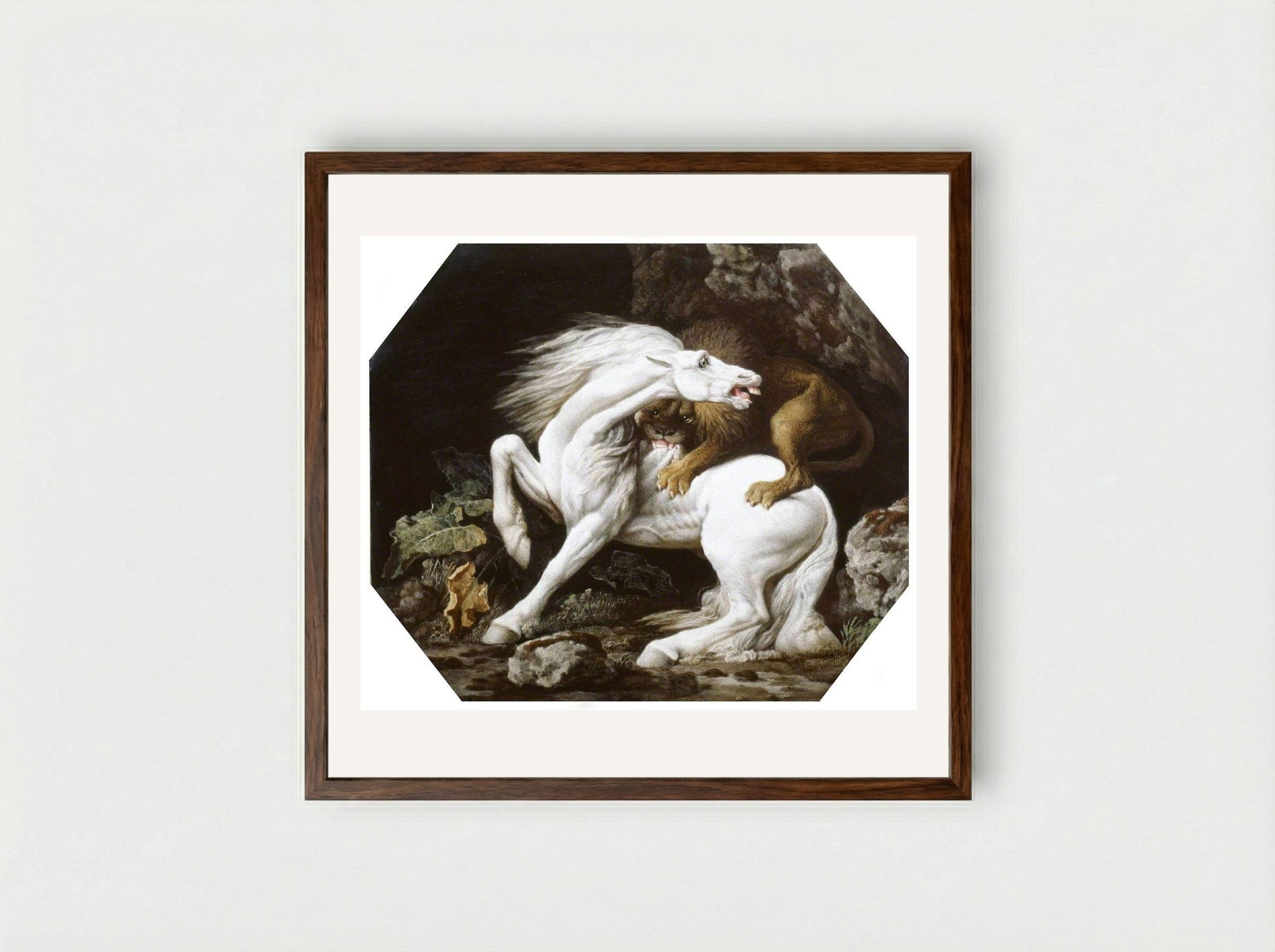 A Horse Attacked by a Lion - George Stubbs - Framed Print Dark Wood