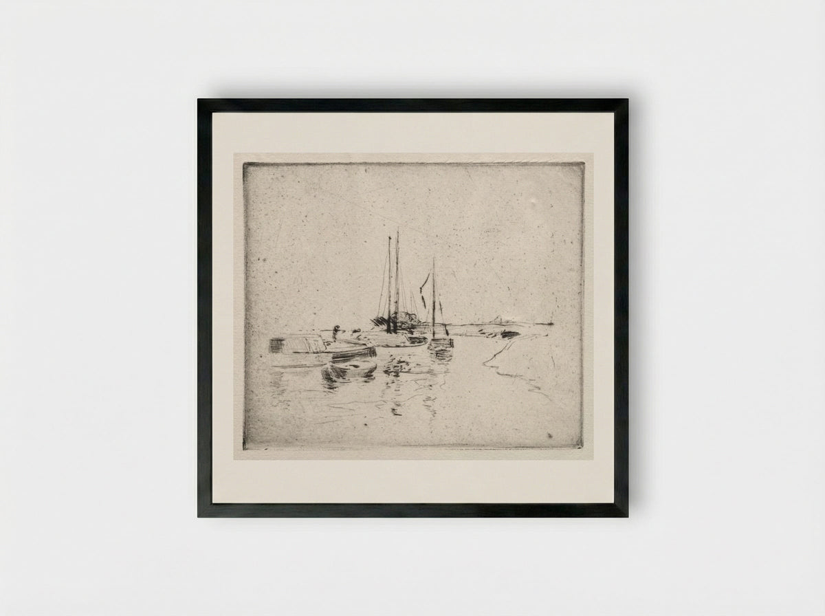 Four Boats on the Canal, Near Dordrecht - John Henry Twachtman - Framed Print Black