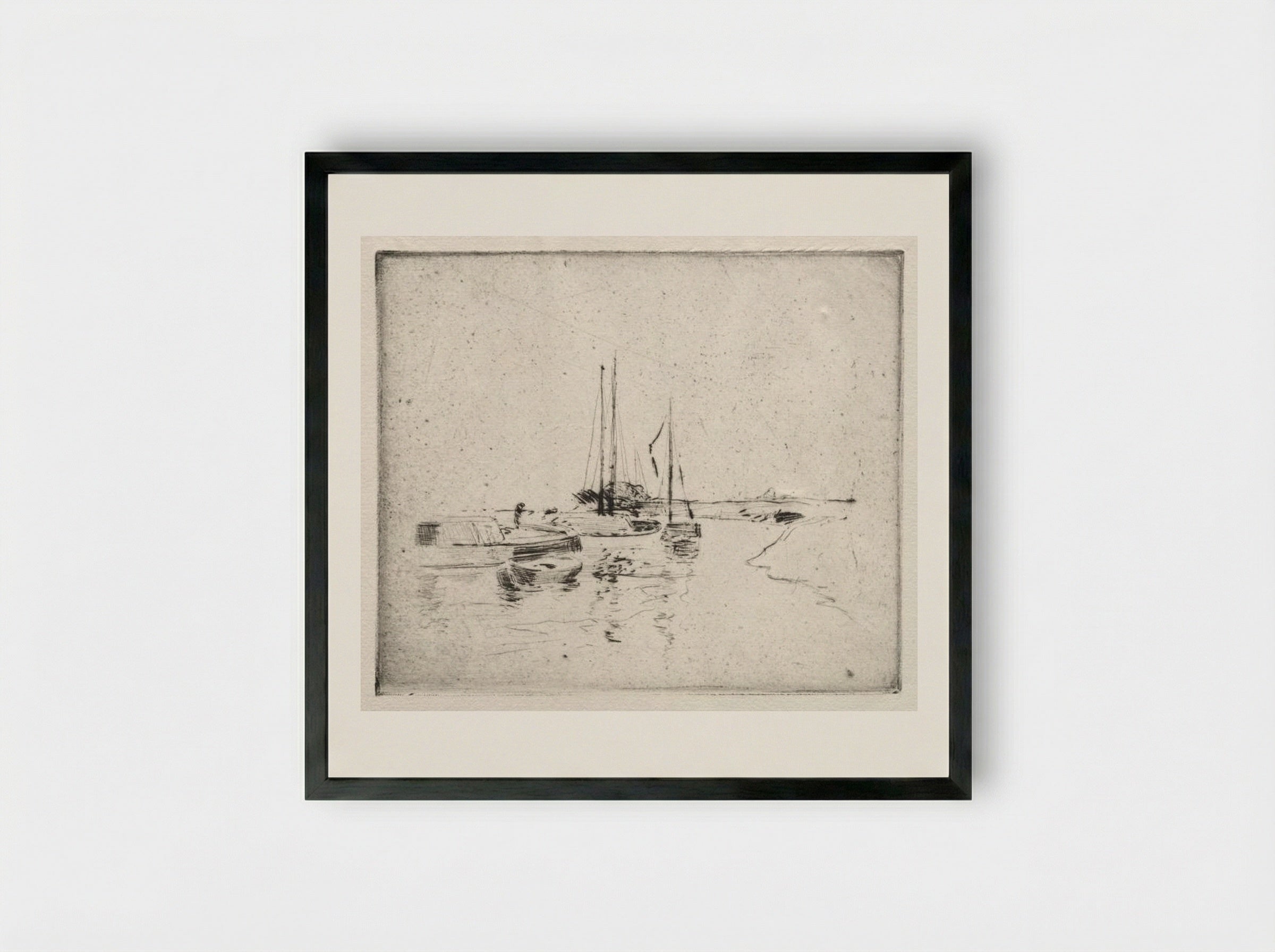 Four Boats on the Canal, Near Dordrecht - John Henry Twachtman - Framed Print Black