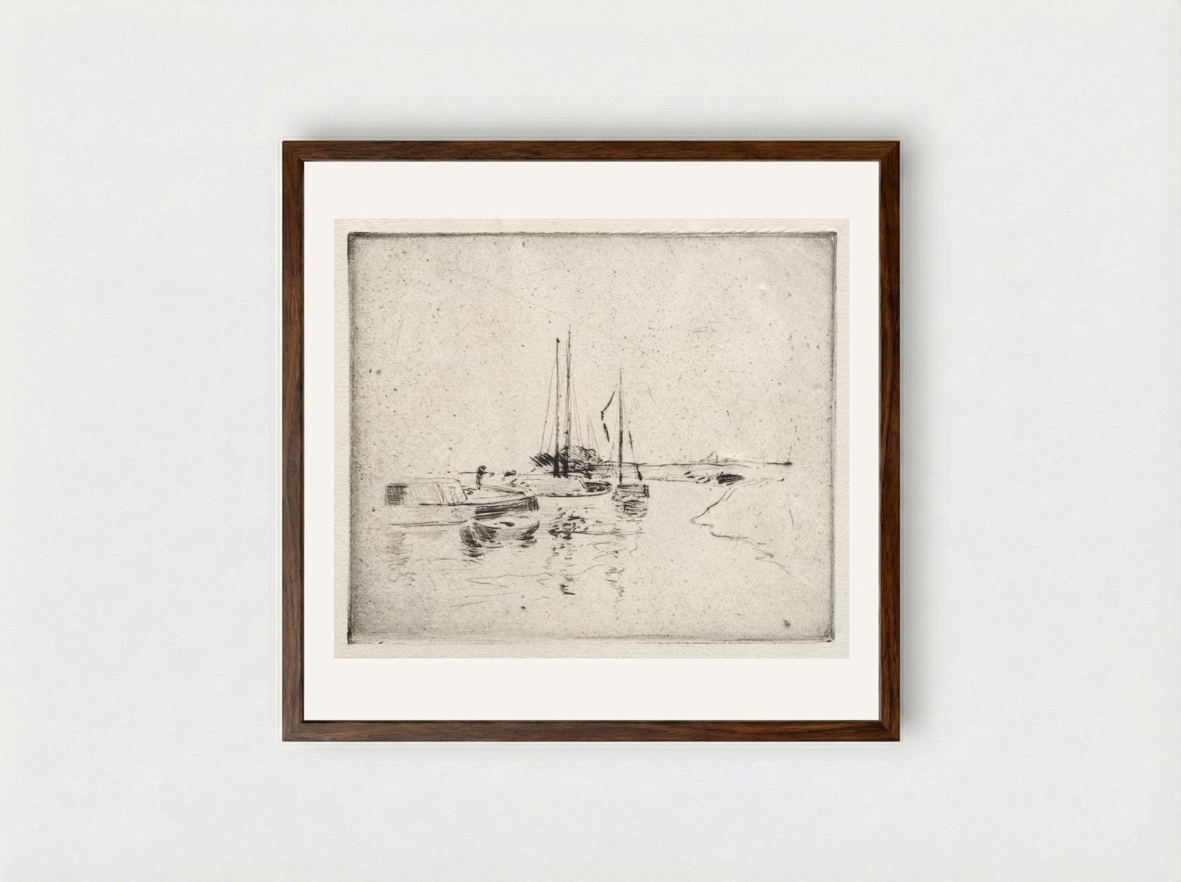 Four Boats on the Canal, Near Dordrecht - John Henry Twachtman - Framed Print Dark Wood