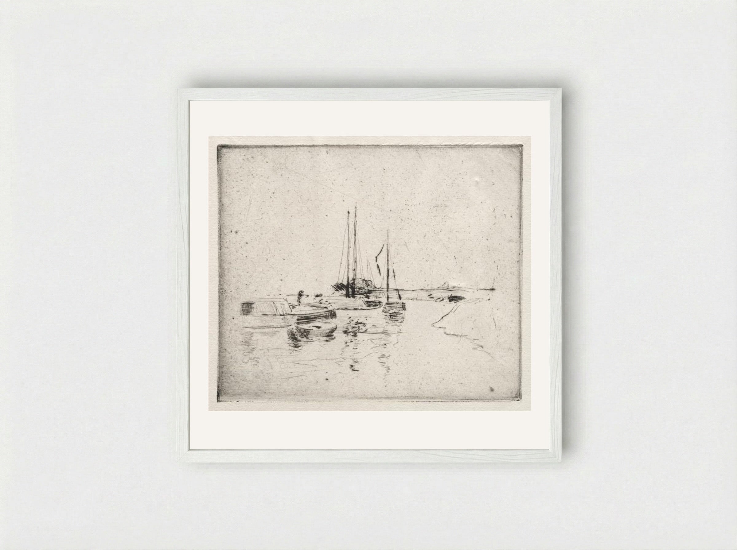 Four Boats on the Canal, Near Dordrecht - John Henry Twachtman - Framed Print White