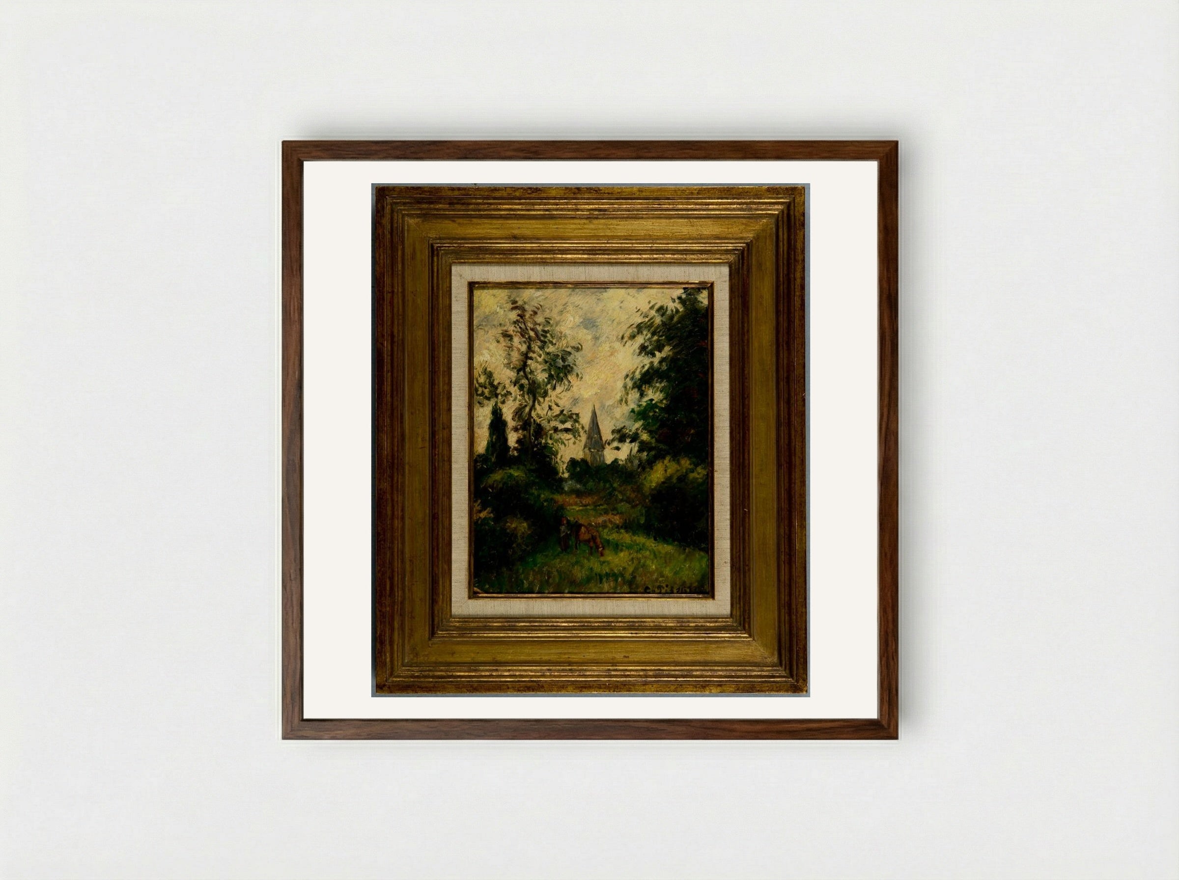 The Bell Tower at Bazancourt - Camille Pissarro - Framed Print Dark Wood