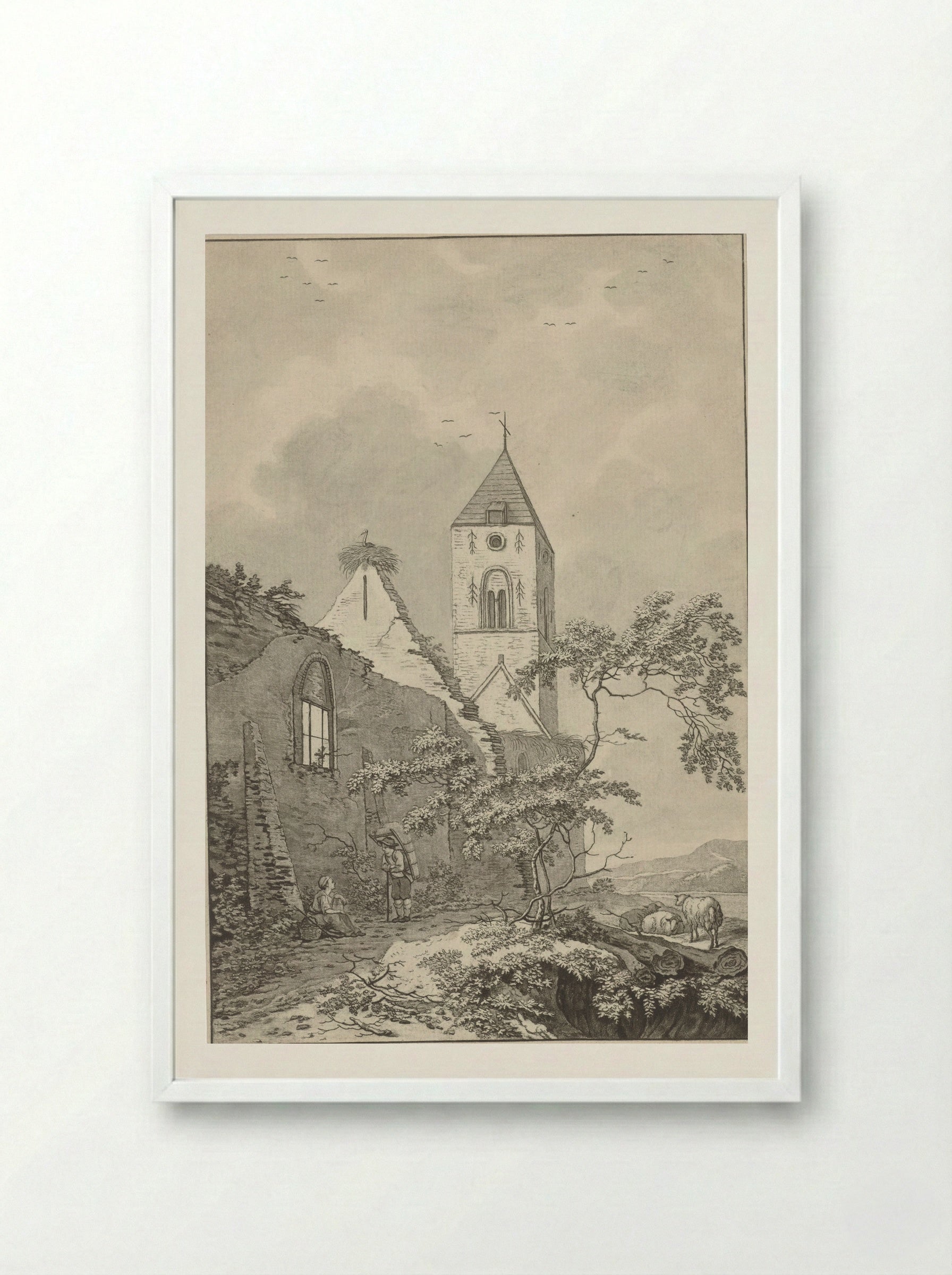 Two Resting Figures by a Church Ruin - Noach van der Meer (II) - Framed Print White