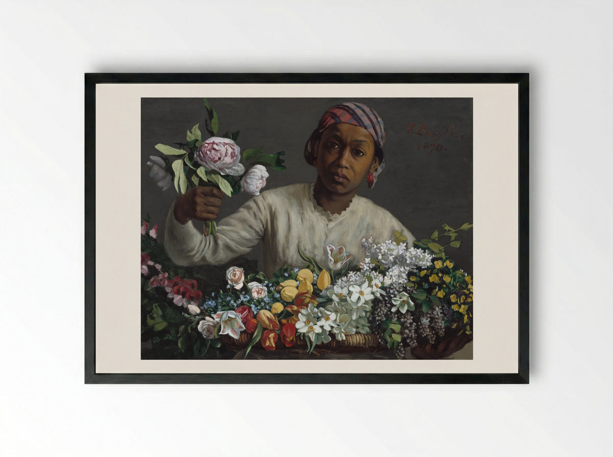 Young Woman with Peonies - Frederic Bazille - Framed Print Black