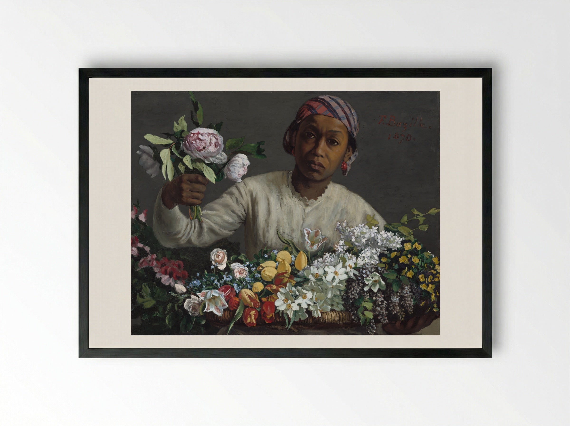 Young Woman with Peonies - Frederic Bazille - Framed Print Black