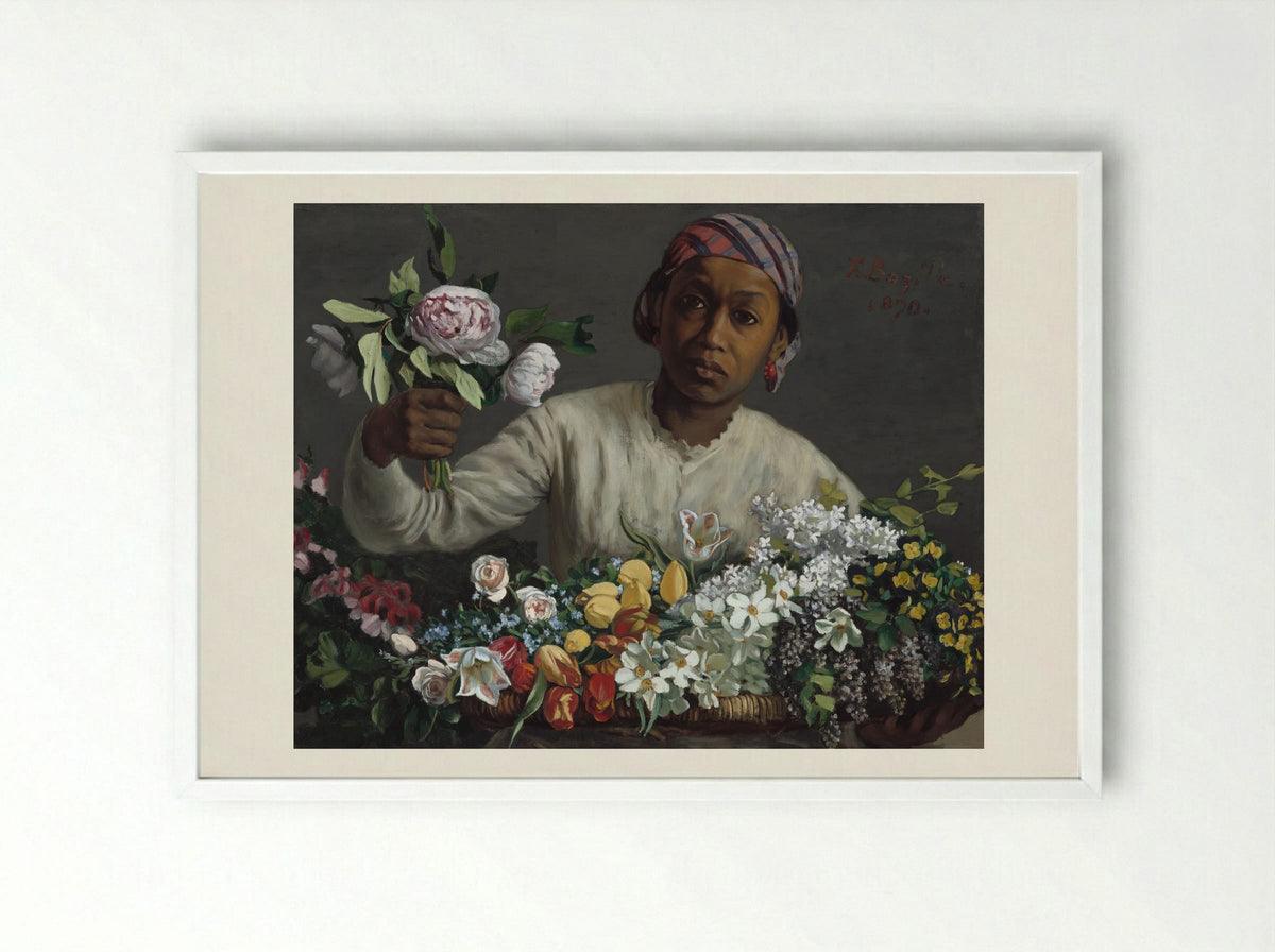 Young Woman with Peonies - Frederic Bazille - Framed Print White