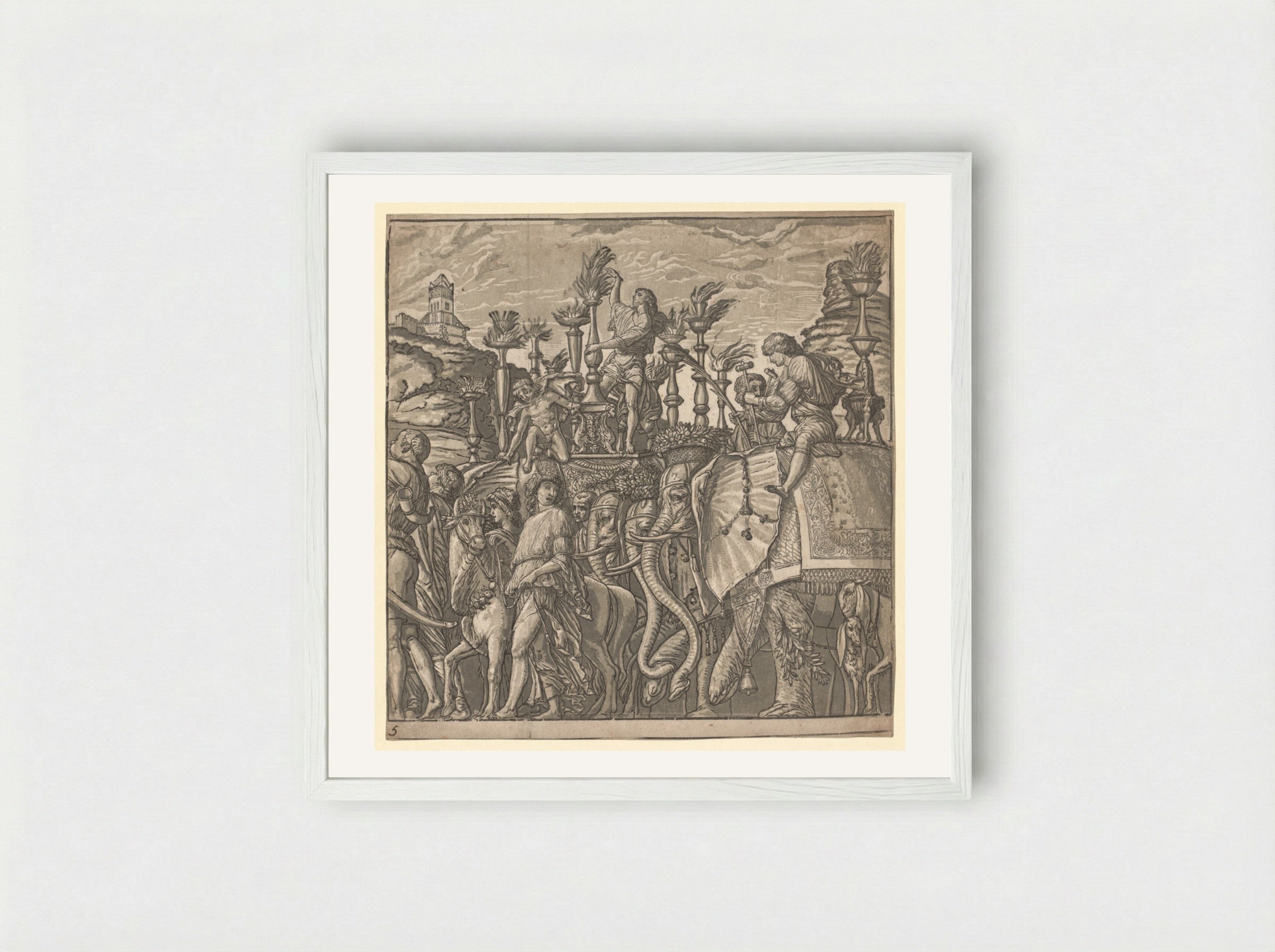 The Triumph of Julius Caesar: Elephants Carrying Torches - Andrea Andreani - Framed Print White