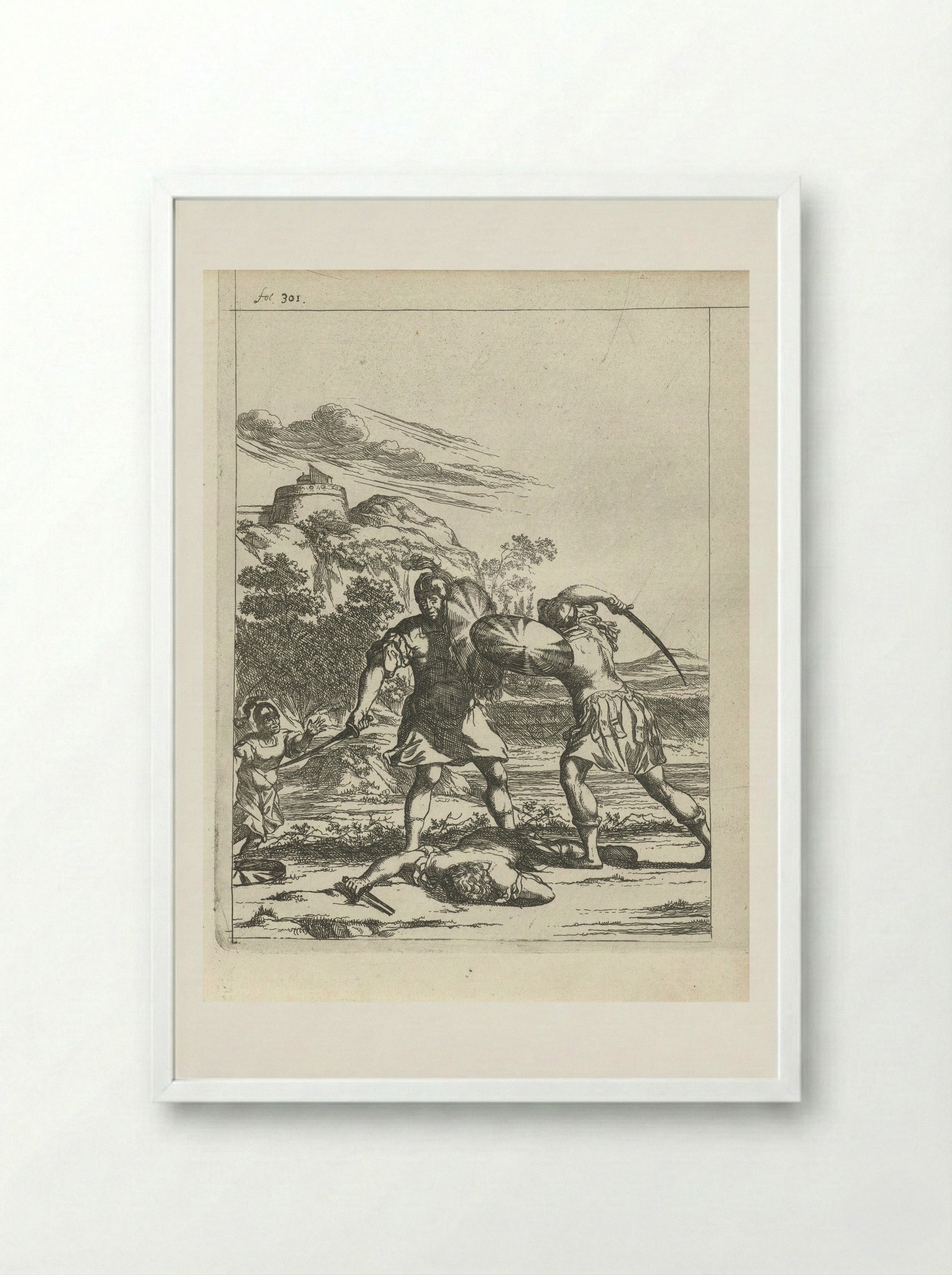 Attilus wordt door een zoon van zijn krijgsman gedood - Arnold Houbraken - Framed Print White