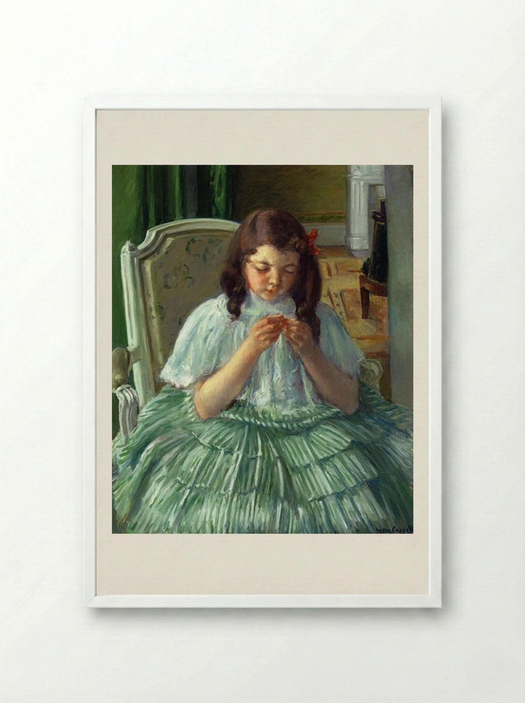 Françoise in Green, Sewing - Mary Cassatt - Framed Print White