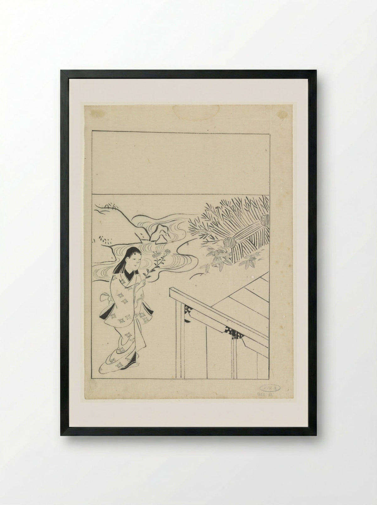 Woman with a Flowering Branch in a Garden - Hishikawa Moronobu - Framed Print Black