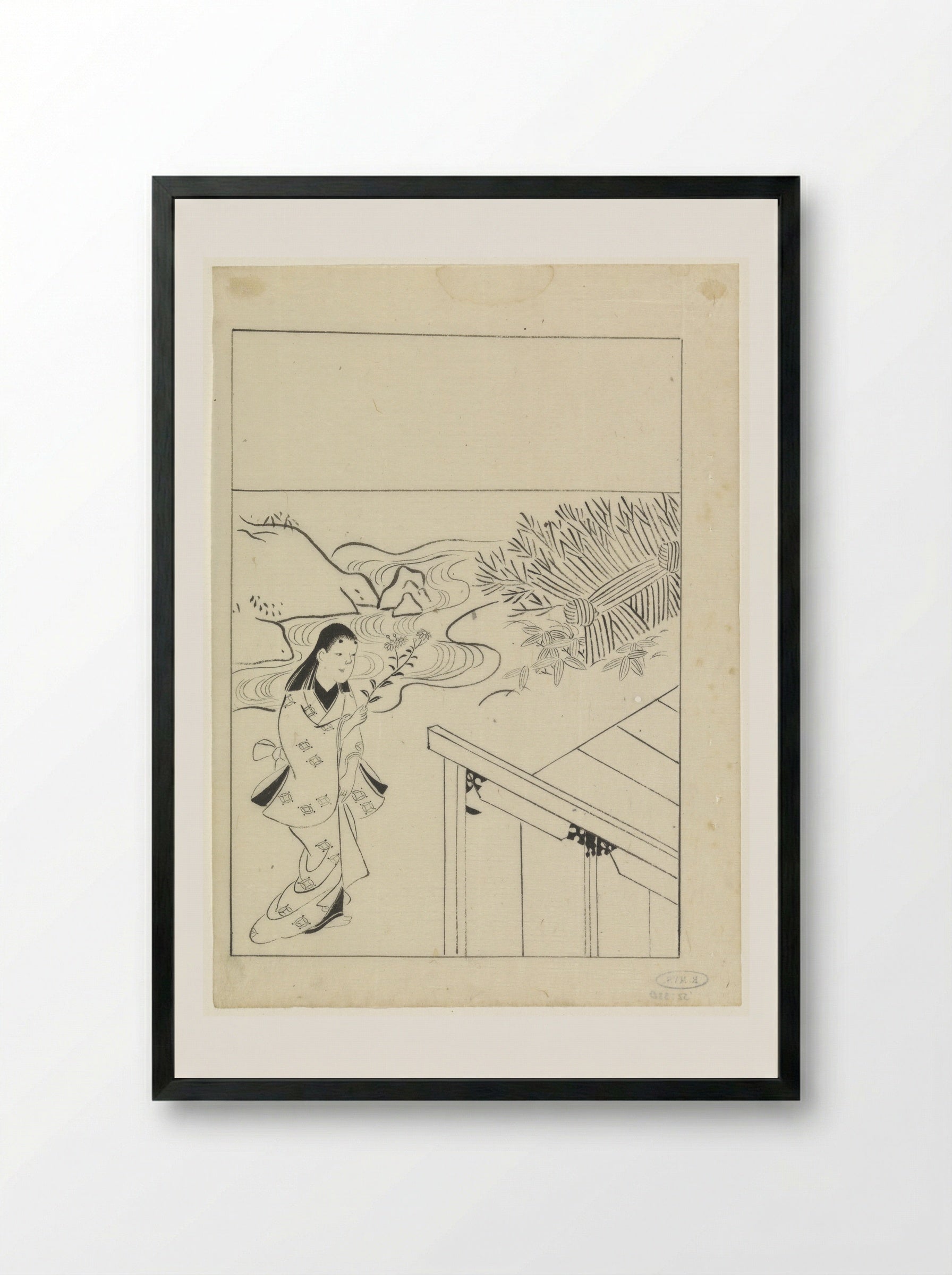 Woman with a Flowering Branch in a Garden - Hishikawa Moronobu - Framed Print Black